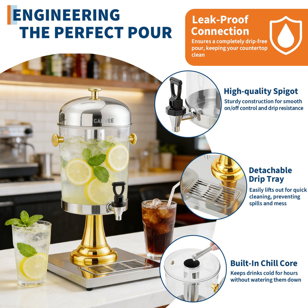Garvee 2.2 Gallon Commercial Drink Dispenser, Stainless Steel Beverage Dispenser with Ice Core, Stand & Spigot for Cold Juice, Iced Tea and Lemonade at Parties & Weddings, Gold