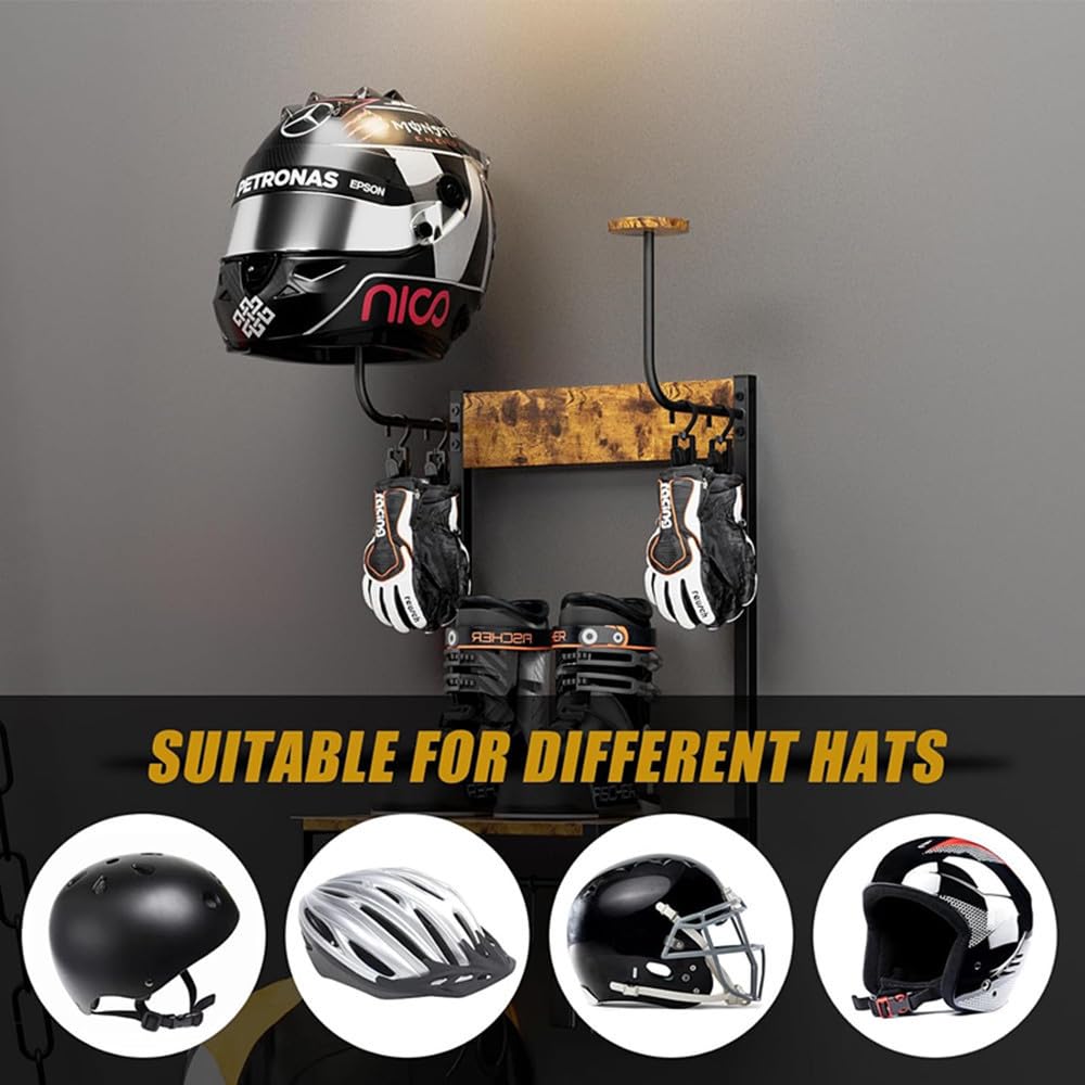 Garvee Solid Oak & Steel Wall Mounted Motorcycle Helmet Holder – Space-Saving Organizer Rack for Helmet & Gear – Durable Wood Construction, Easy Installation – Entryway, Garage, Hallway – Small