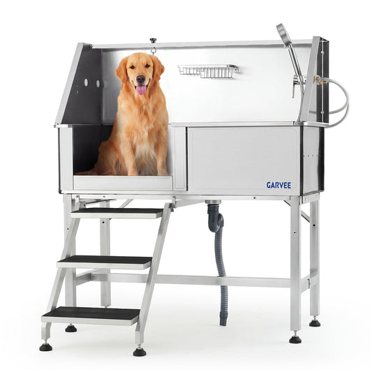 Garvee 46 Inch Stainless Steel Dog Washing Station, Heavy Duty Pet Grooming Bathtub with Access Stairs, Brushed Finish, Left Door Options