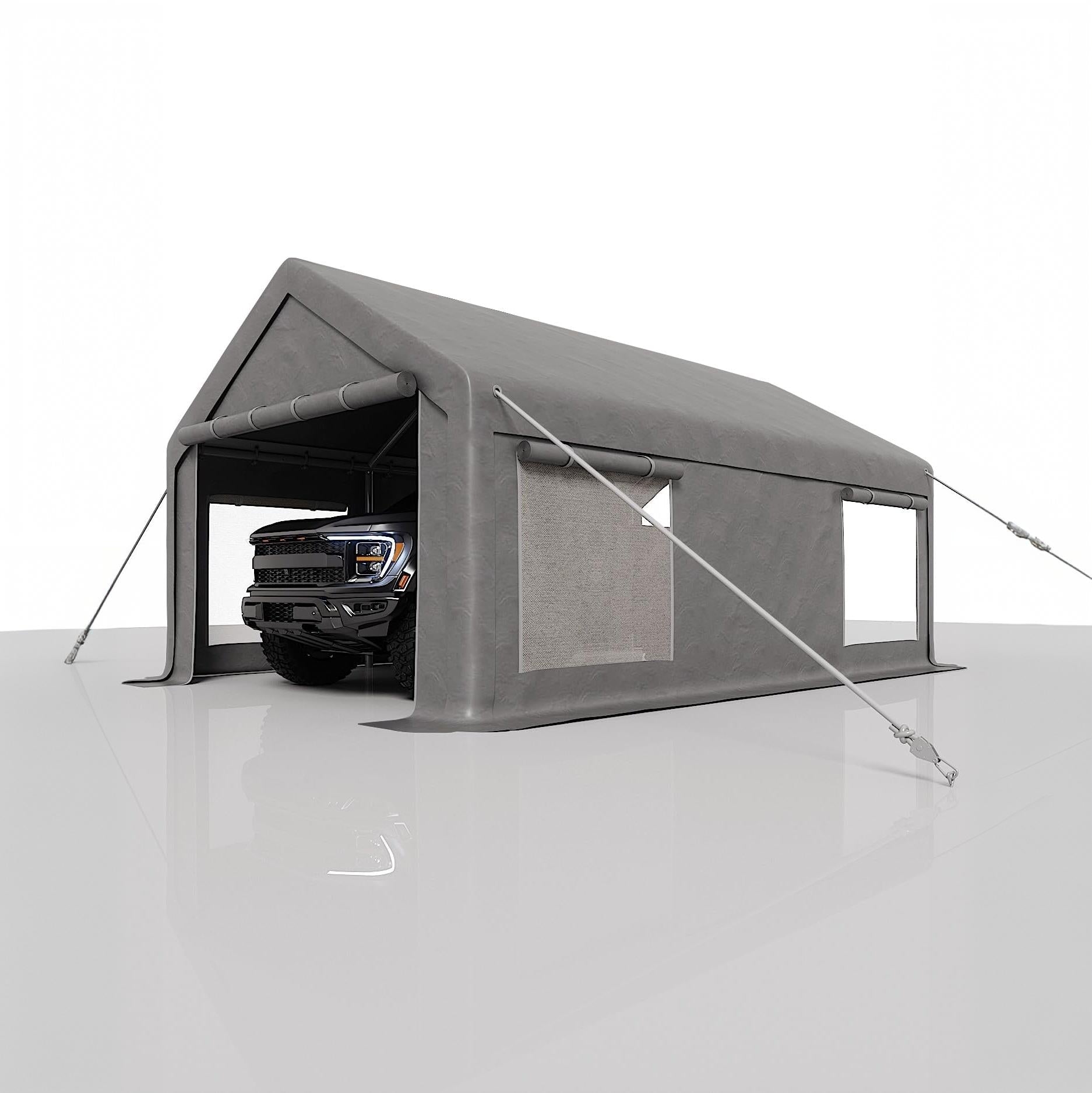 Garvee 12x20 ft Portable Garage Carport, 200 g PE Canopy Shelter with 2 Roll-Up Doors & 4 Windows, Heavy-Duty Metal Frame Storage Tent for Cars, Boats, Pickups & Outdoor Events, Gray