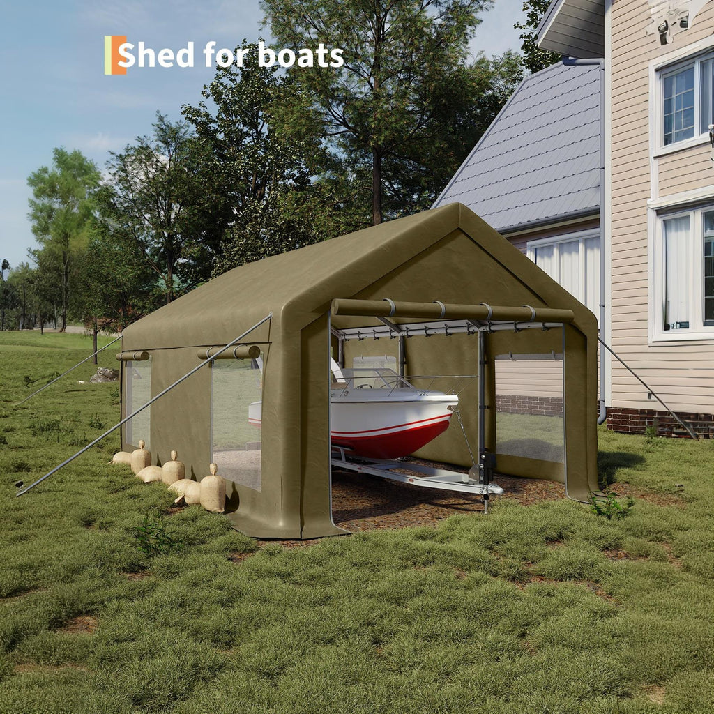 Garvee 12' × 20' Portable Garage, 200 GSM PE Carport Canopy with Reinforced Steel Frame, 2 Roll-Up Doors, 4 Mesh Windows, Khaki