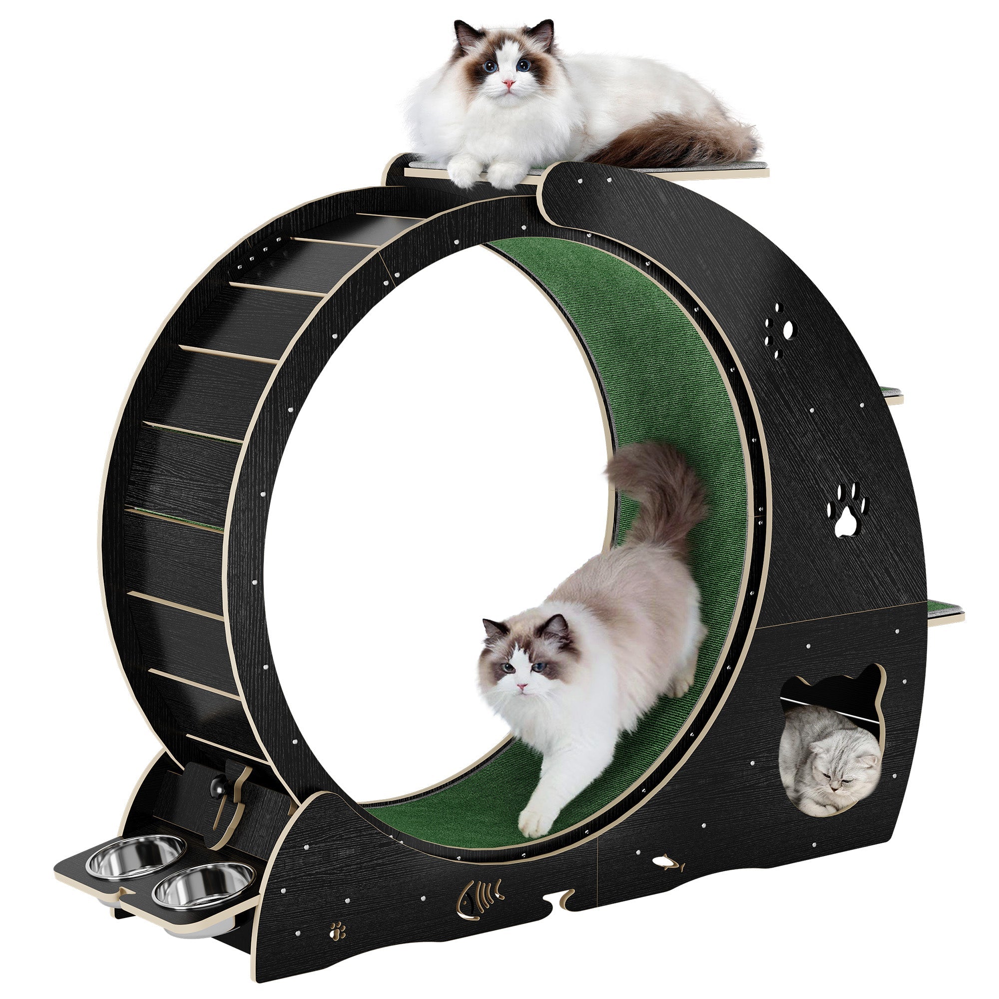 Garvee Large Cat Exercise Wheel for Indoor Cats - 3-Tier Climbing Tower & Grazeing Post - Silent Treadmill for Training, Exercise & Obesity Prevention - Black