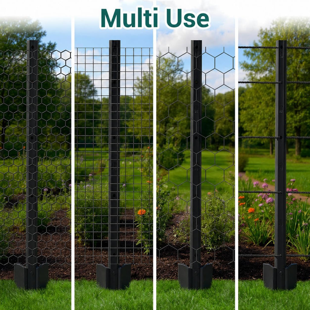 Garvee 4Ft U-Channel Metal Fence Posts, Heavy Duty Steel Garden Stakes with Anchor Plates for Outdoor Yard, Black, 10-Pack