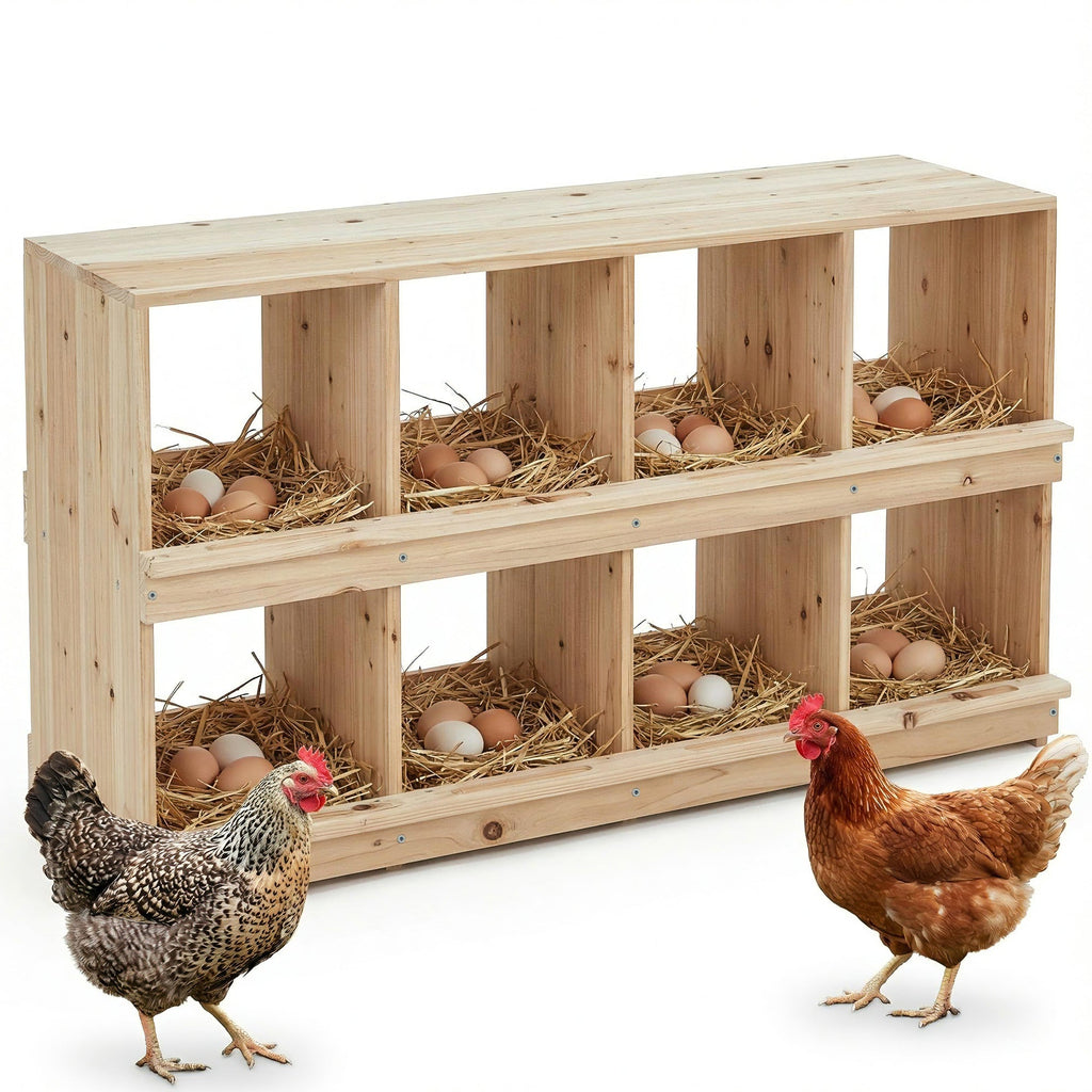 Garvee Wooden Chicken Nesting Box, Double Layer for Poultry Coops – 8-Compartment, 2-Tier – Wall-Mounted or Floor-Standing – Heavy Duty with Perch – Easy Egg Collection – Egg-Roll-Proof Design – For Hens, Ducks, Backyard & Poultry Farms – Specs: Double