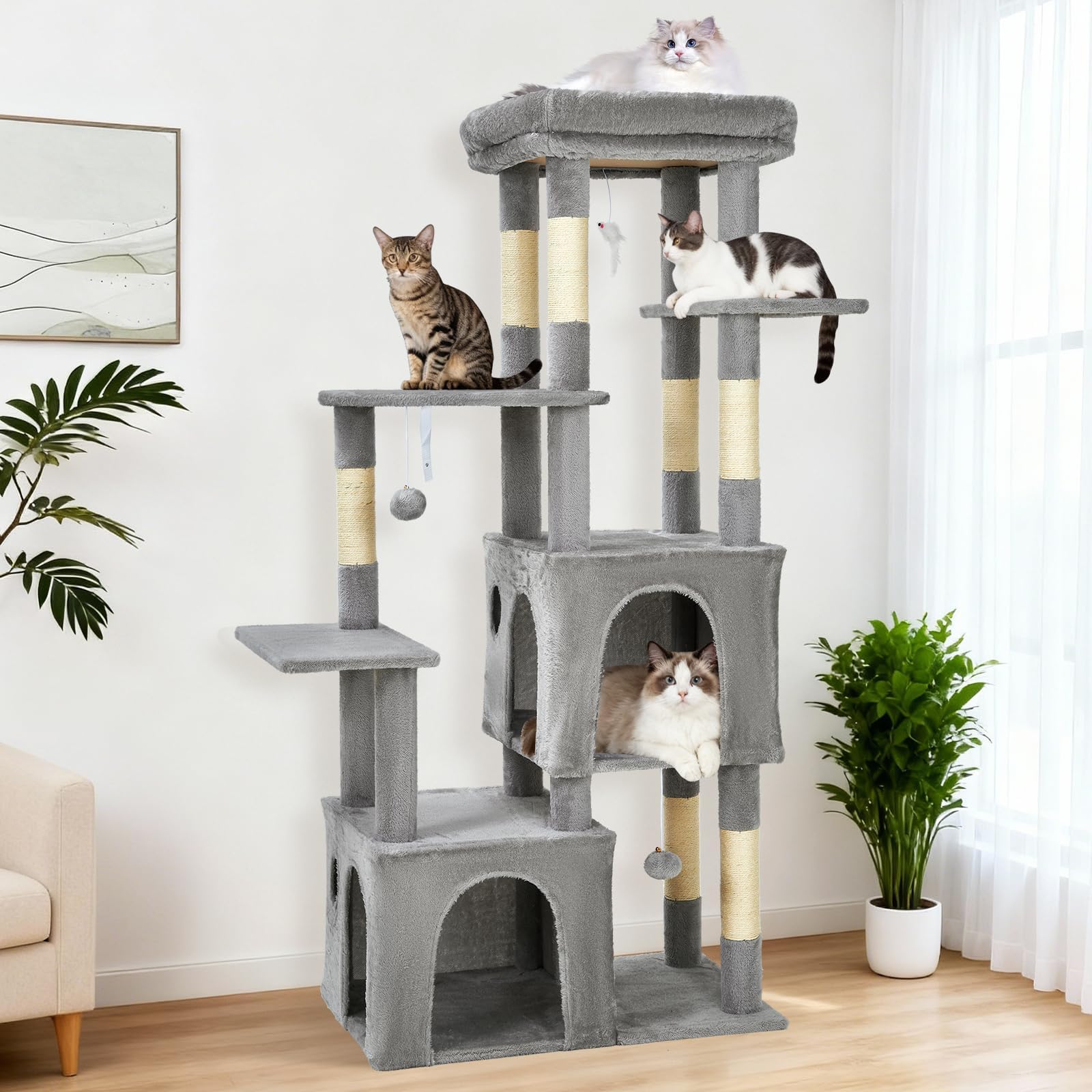 Garvee 61" Multi-Level Cat Tree for Indoor Cats, Heavy-Duty Tower for Large Adult & Maine Coon Cats with Oversized Perch, Dual Condos, Natural Sisal Scratching Posts & Play Toys – Light Gray