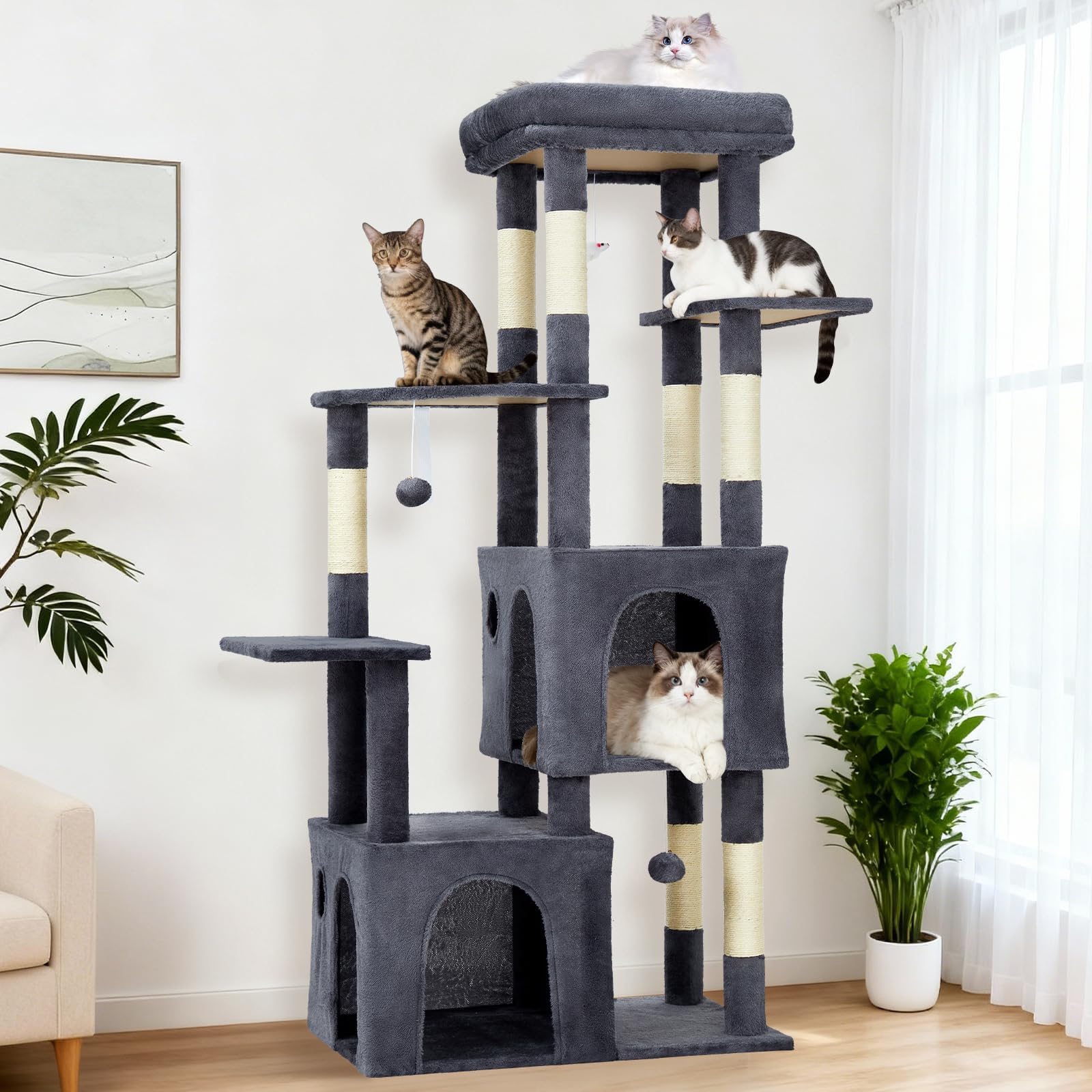 Garvee 61" Multi-Level Cat Tree for Indoor Cats, Heavy-Duty Tower for Large Adult & Maine Coon Cats with Oversized Perch, Dual Condos, Natural Sisal Scratching Posts & Play Toys – Dark Gray