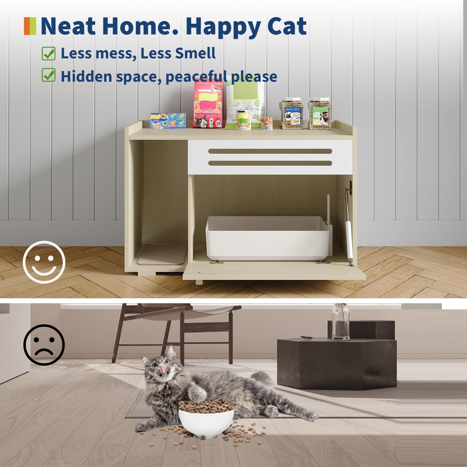 Garvee Dog-Proof & Ventilated Cat Litter Box Enclosure Furniture – Spacious Modern Hidden Wood Cabinet with Turn-Down Door, Easy to Clean, Indoor Pet Privacy House – Wood Color