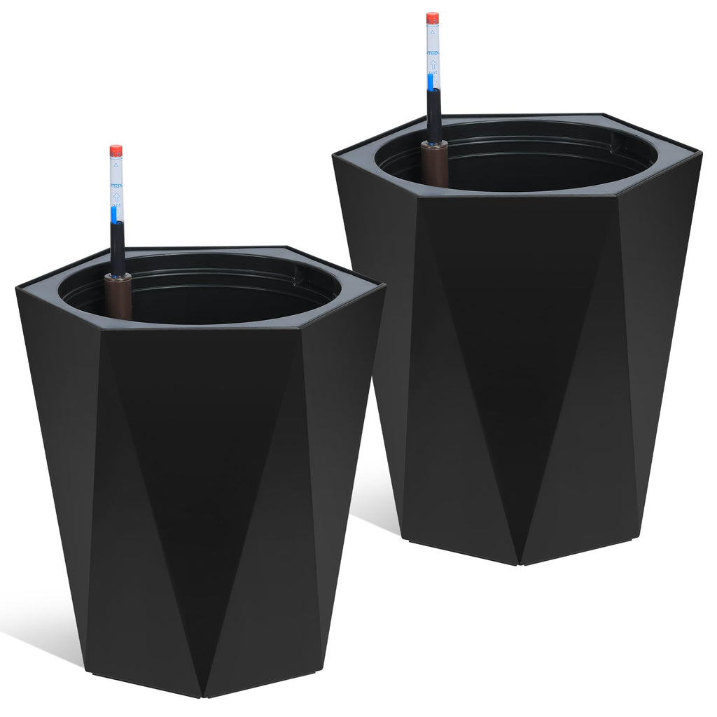 Garvee Self-Watering Planters, Set of 2 16 in Tall Resin Pots with Water Level Gauge, Double Tray, Hidden Wheels & 14-Day Reservoir for Indoor Outdoor Patio, Porch & Office, Black