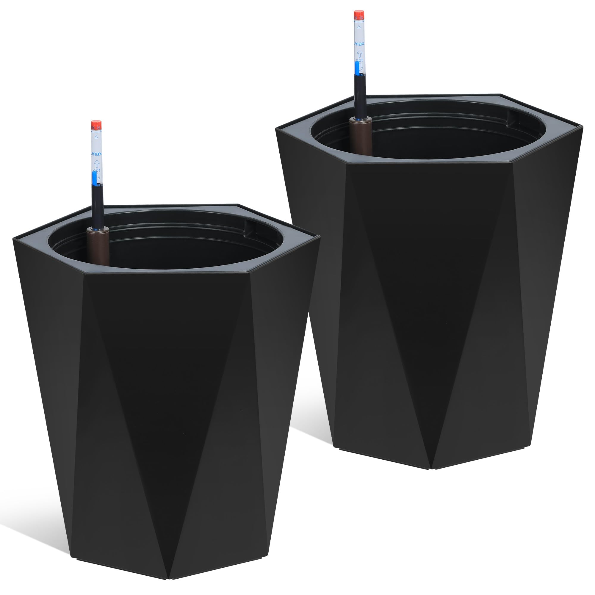 Garvee Self-Watering Planters, Set of 2 16 in Tall Resin Pots with Water Level Gauge, Double Tray, Hidden Wheels & 14-Day Reservoir for Indoor Outdoor Patio, Porch & Office, Black