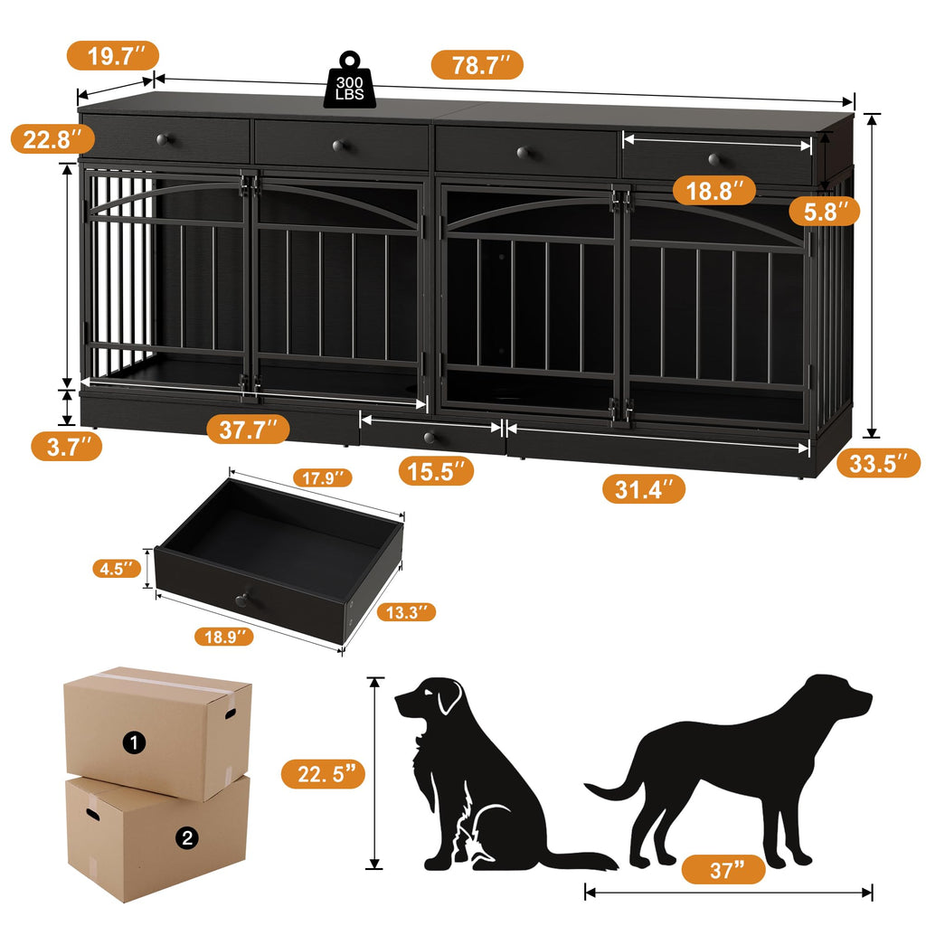 Garvee 78.7" Double Dog Crate Furniture with Storage and 4 Doors, Dog Kennel Indoor with Feeding Bowls, Wood Dog Crate TV Stand for Small Medium Dogs, Black