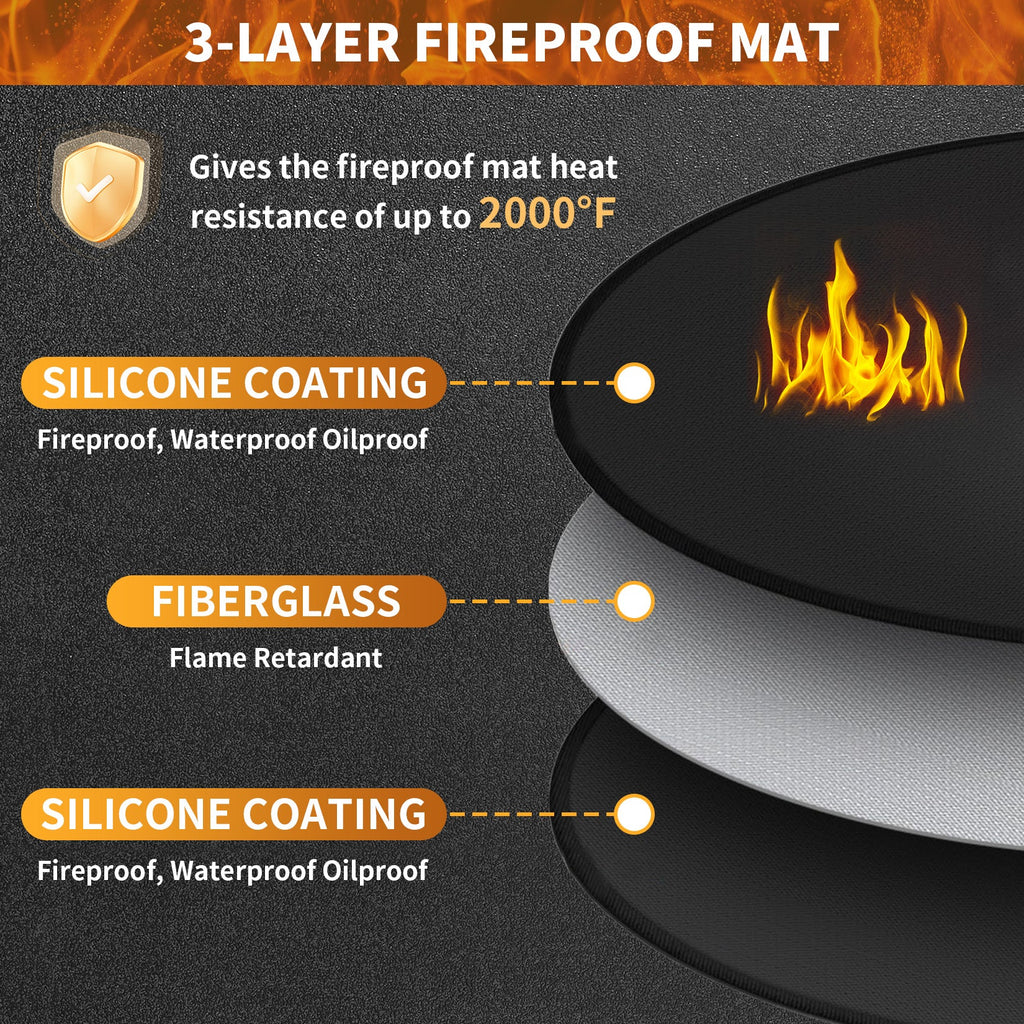 Garvee Double-Sided Fireproof & Waterproof Grill Mat – Heavy-Duty Fire Pit Deck Protector – Oil-Resistant, Reusable Pad for Patio, Outdoor & Indoor BBQ Fireplace – Black, 48-Inch