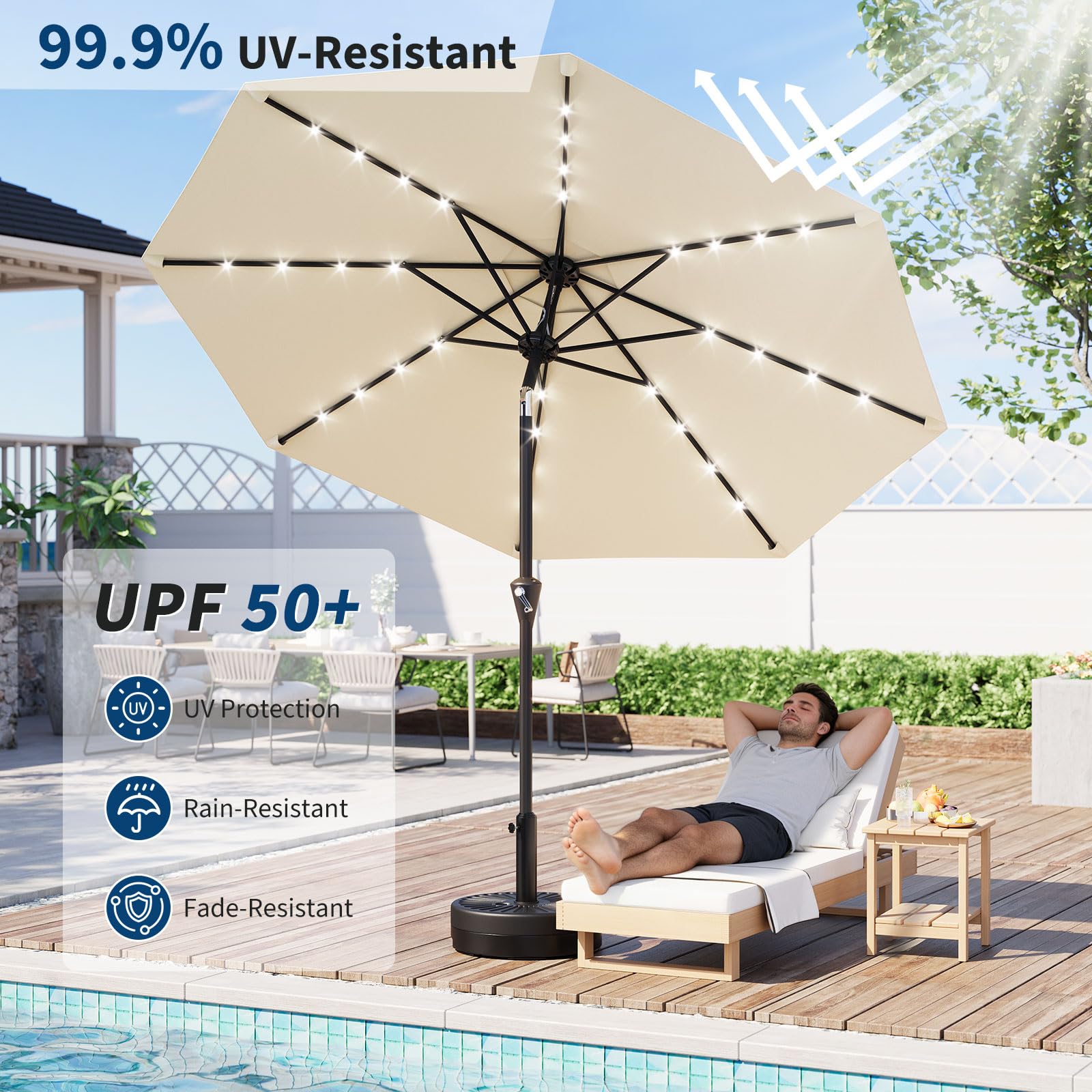 Garvee 10 ft Solar Patio Umbrella with 32 LED Lights, Outdoor Market Umbrella with Crank Lift & Tilt, UV-Resistant Canopy for Pool, Garden & Backyard, Beige