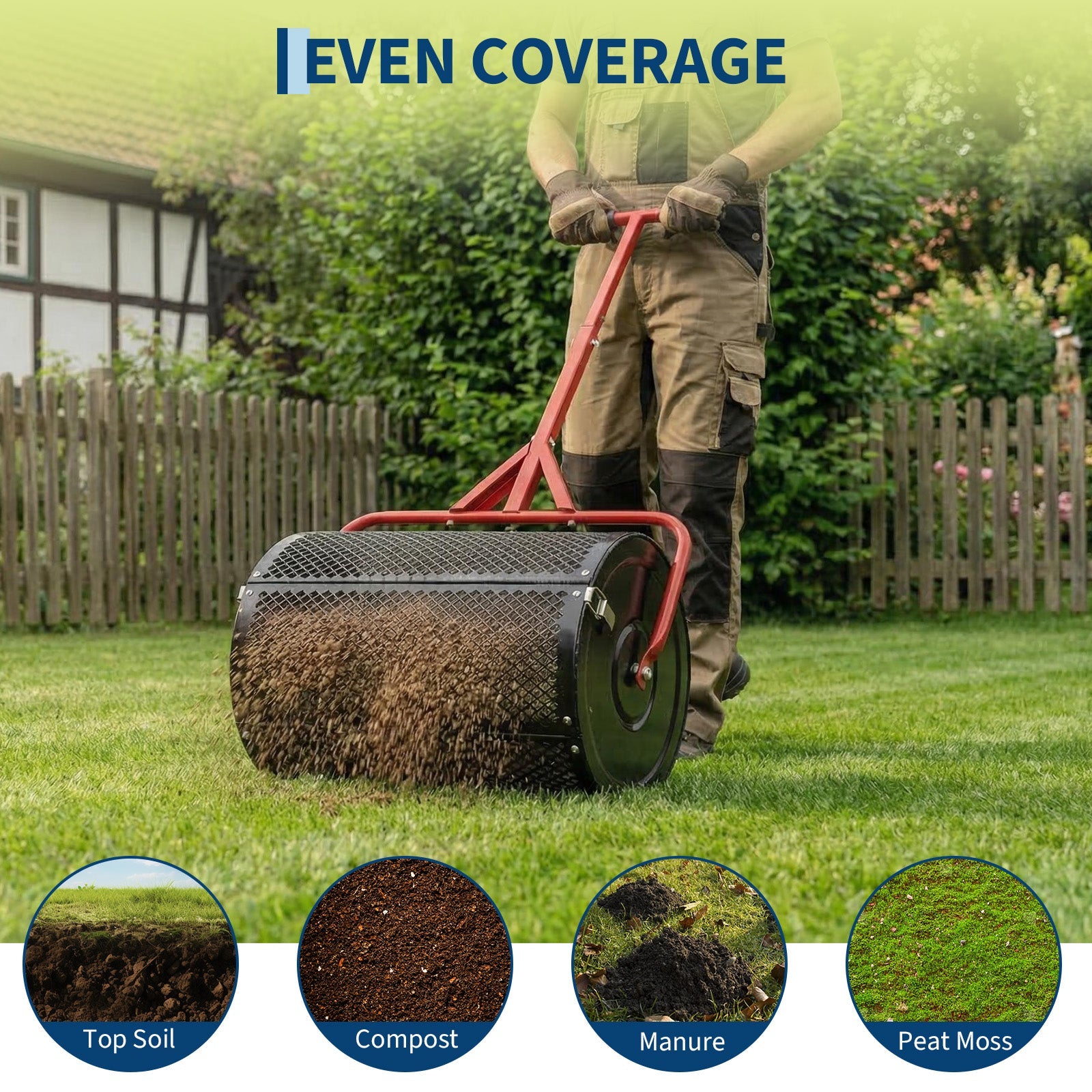 Garvee Efficient Compost and Peat Moss Spreader – 24 Inch Lawn & Garden Seeder Roller with Adjustable T-Shaped Handle, Side Latches, Powder-Coated Metal – Spreads Grass Seed, Topsoil, Fertilizer, Manure – Handle in Red