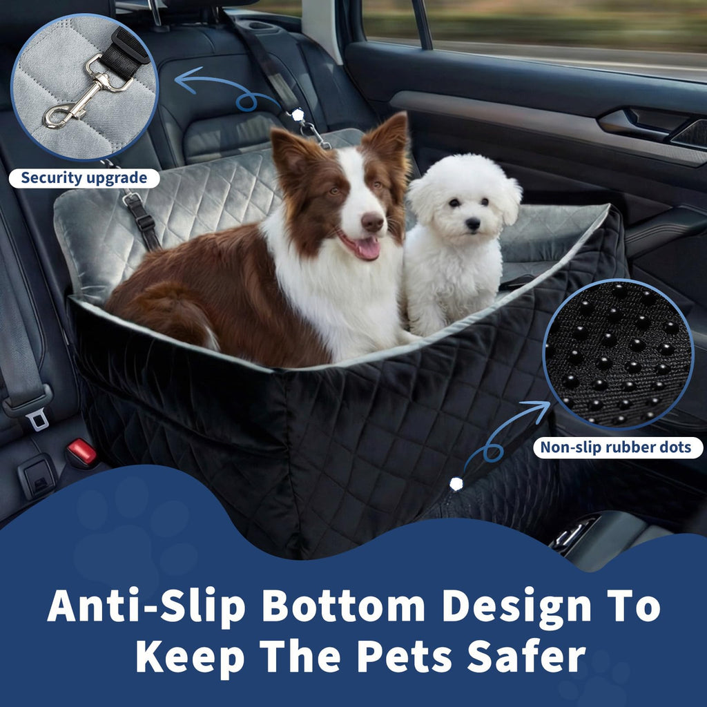Garvee Extra Large Dog Car Booster Seat with Safety Belt, 3-Side Pet Travel Bed for 2 Medium Dogs, Waterproof & Non-Slip, Car Seat Cover for Truck SUV Sedan, Gray