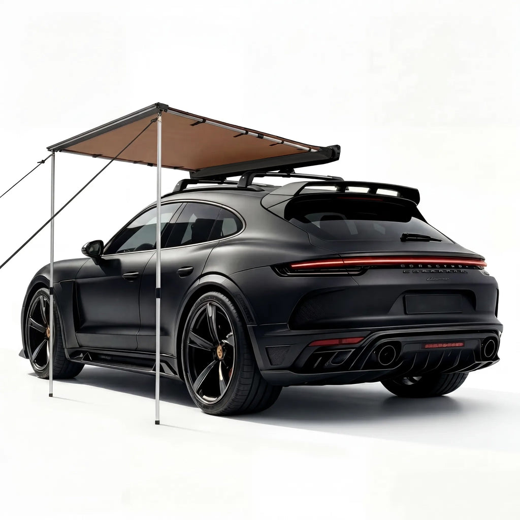Garvee SUV Truck Van Roof Rack Awning - Retractable Side Sun Shade, UV50+ 600D Oxford Waterproof Canopy, Height Adjustable Poles, Outdoor Camping Shelter with Storage Bag, 150x200cm, Khaki
