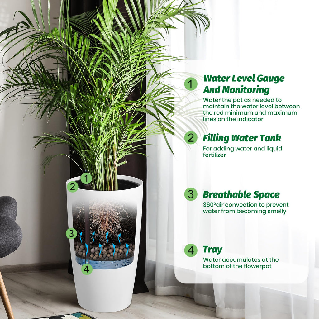 Garvee 22 in Self-Watering Tall Planters, 2-Pack White PP Flower Pots with Water Level Monitor, Inner Bucket & Drainage for Indoor Outdoor Patio, Porch and Entryway
