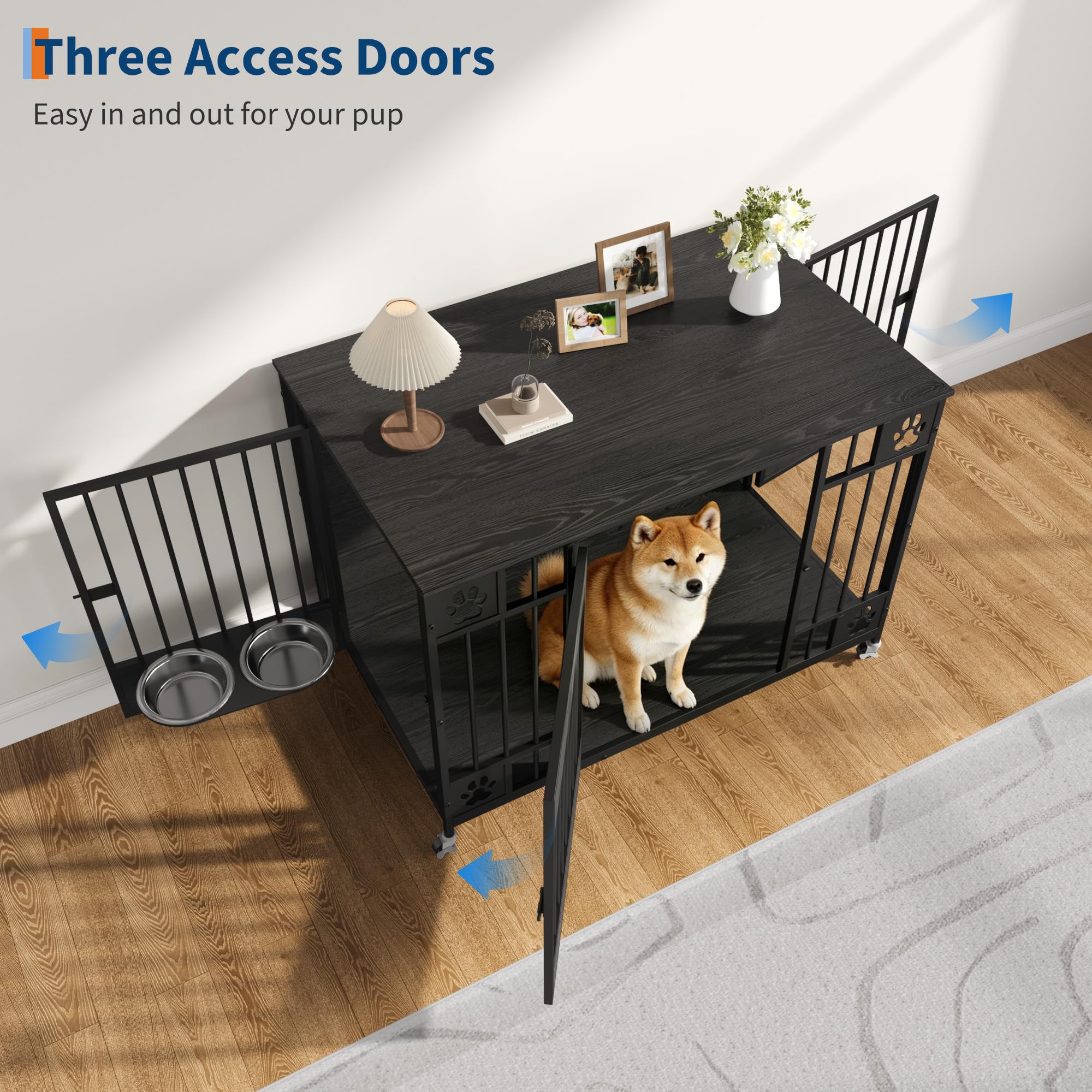 Garvee Modern Triple Door Dog Crate Furniture – 41" Decorative Wooden Kennel for Medium & Small Dogs – Stylish Indoor Pet Cage – Black Relief