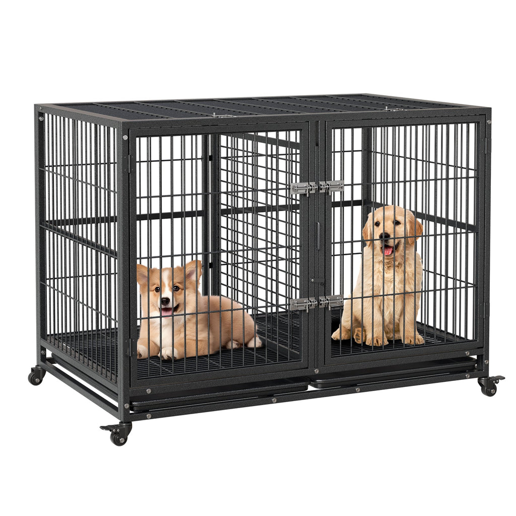Garvee Heavy Duty Dog Crate, 48 Inch Dog Crate with Double Door, 360° Lockable Wheels and Removable Tray, Easy to Assembly, Indoor Outdoor Dog Cage for Small Medium Large Dogs