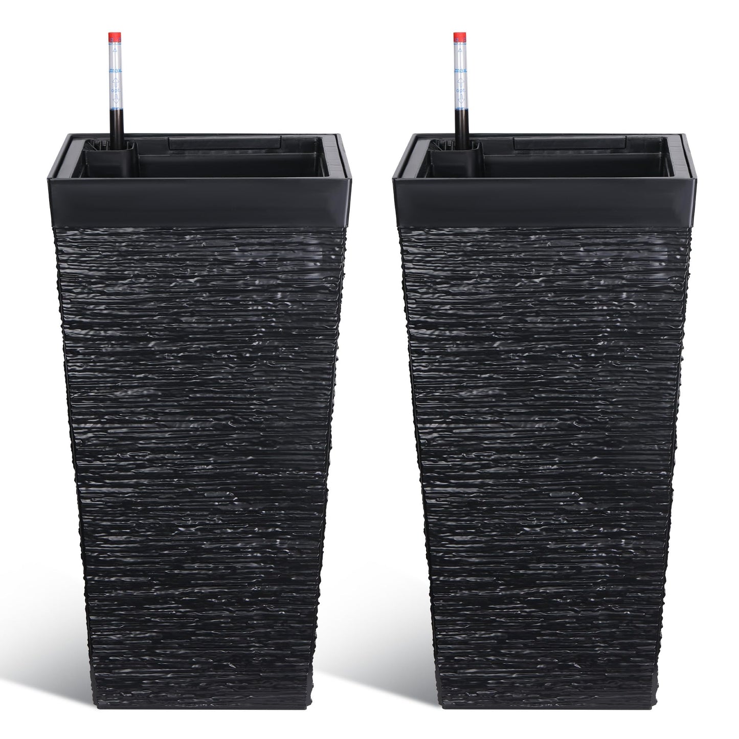 Garvee Self-Watering Tall Planters for Porch and Patio, 2-Pack 22.5-Inch Black Plastic Pots with 2 Water Gauges and Removable Trays