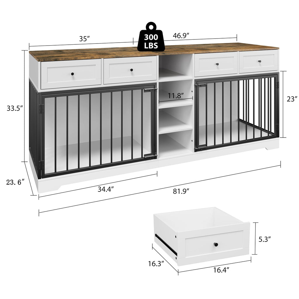 Garvee 82" Large Dog Crate for 2 Dogs, Dog Kennel Indoor with 4 Drawers and Shelves, Double Dog Crate Furniture TV Stand, Wooden Dog Cage for Medium Large Dogs, White