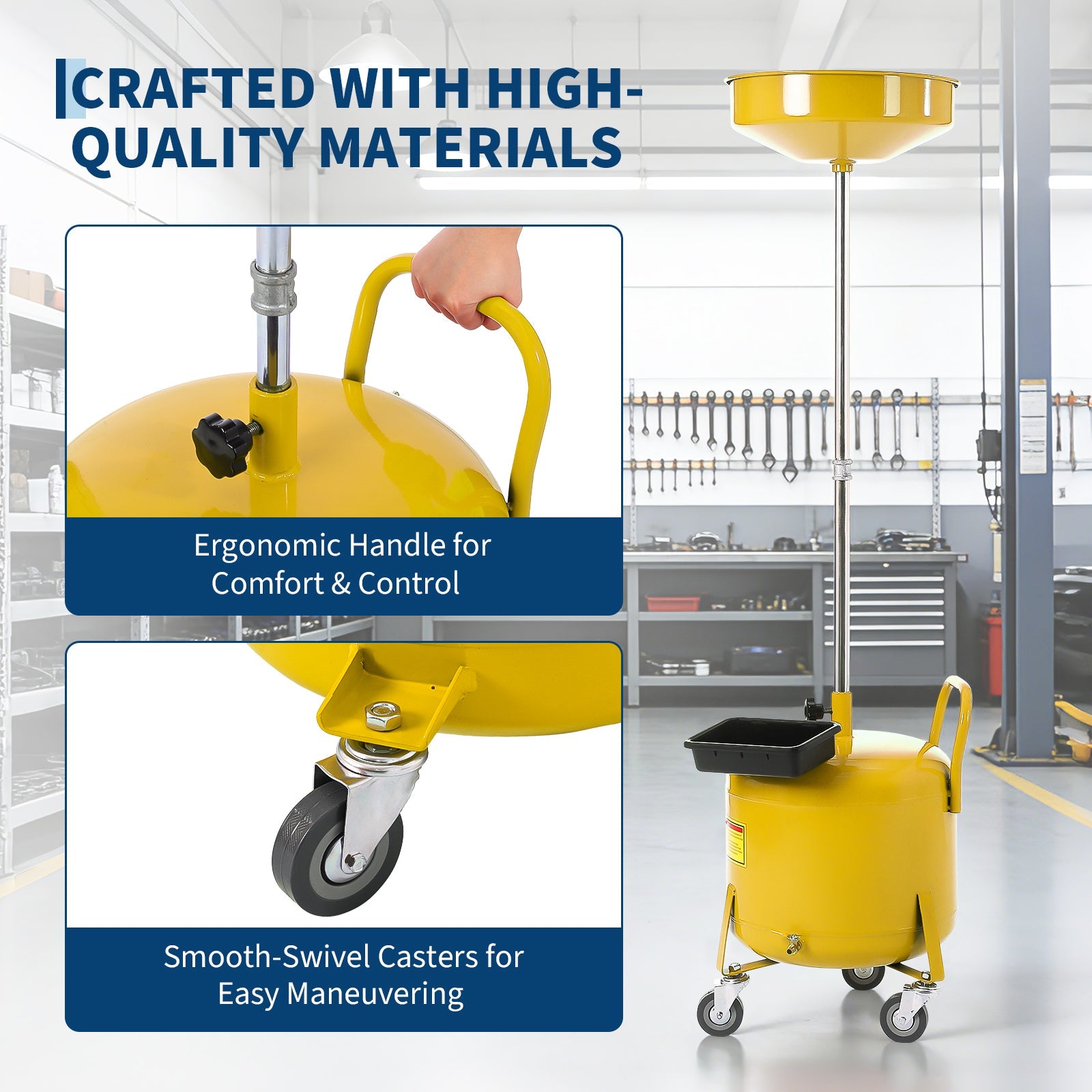 Garvee 8 Gallon Portable Air-Operated Waste Oil Drainer with Adjustable 15" Funnel, Heavy-Duty Steel, Casters, Toolbox, Rust-Proof for Garages & Repair Shops,Yellow