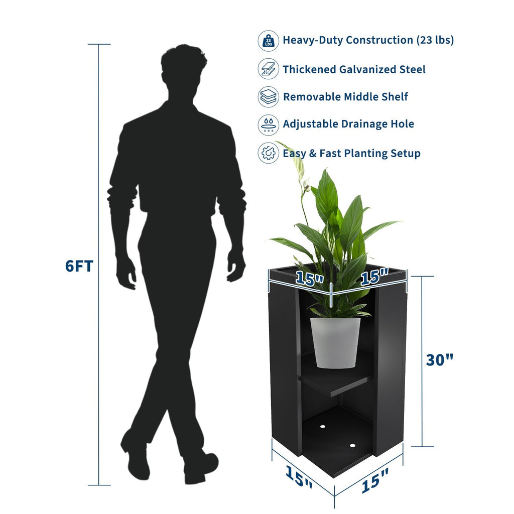 Garvee 30" Tall Square Metal Planters Set of 2, Heavy Duty Carbon Steel Outdoor Plant Pots with Removable Insert Shelf, Drainage Holes & Sealing Plugs for Garden, Patio, Deck, Entryway & Indoor Use, Matte Black