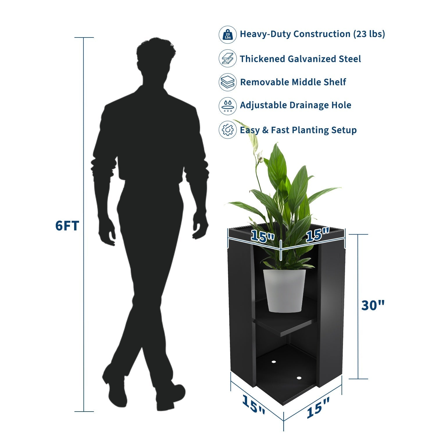 Garvee 30" Tall Square Metal Planters Set of 2, Heavy Duty Carbon Steel Outdoor Plant Pots with Removable Insert Shelf, Drainage Holes & Sealing Plugs for Garden, Patio, Deck, Entryway & Indoor Use, Matte Black