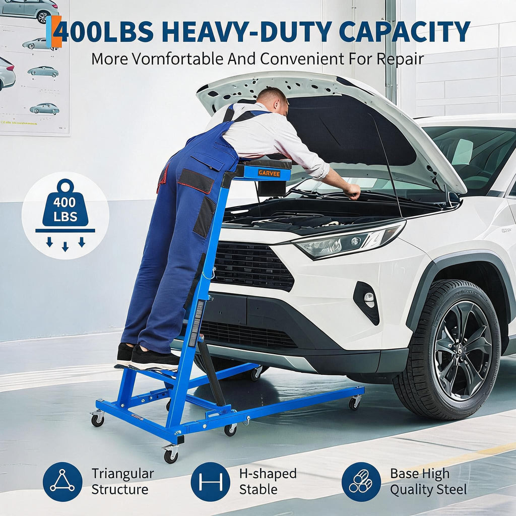 Garvee Heavy Duty Over-Engine Creeper for Mechanics – Adjustable Height 48-68 in, 400 lbs Capacity, Collapsible Design, 6 Swivel Casters, Rolling Mechanic Seat for Garage Workshop – Mechanical Blue (RAL 5015)