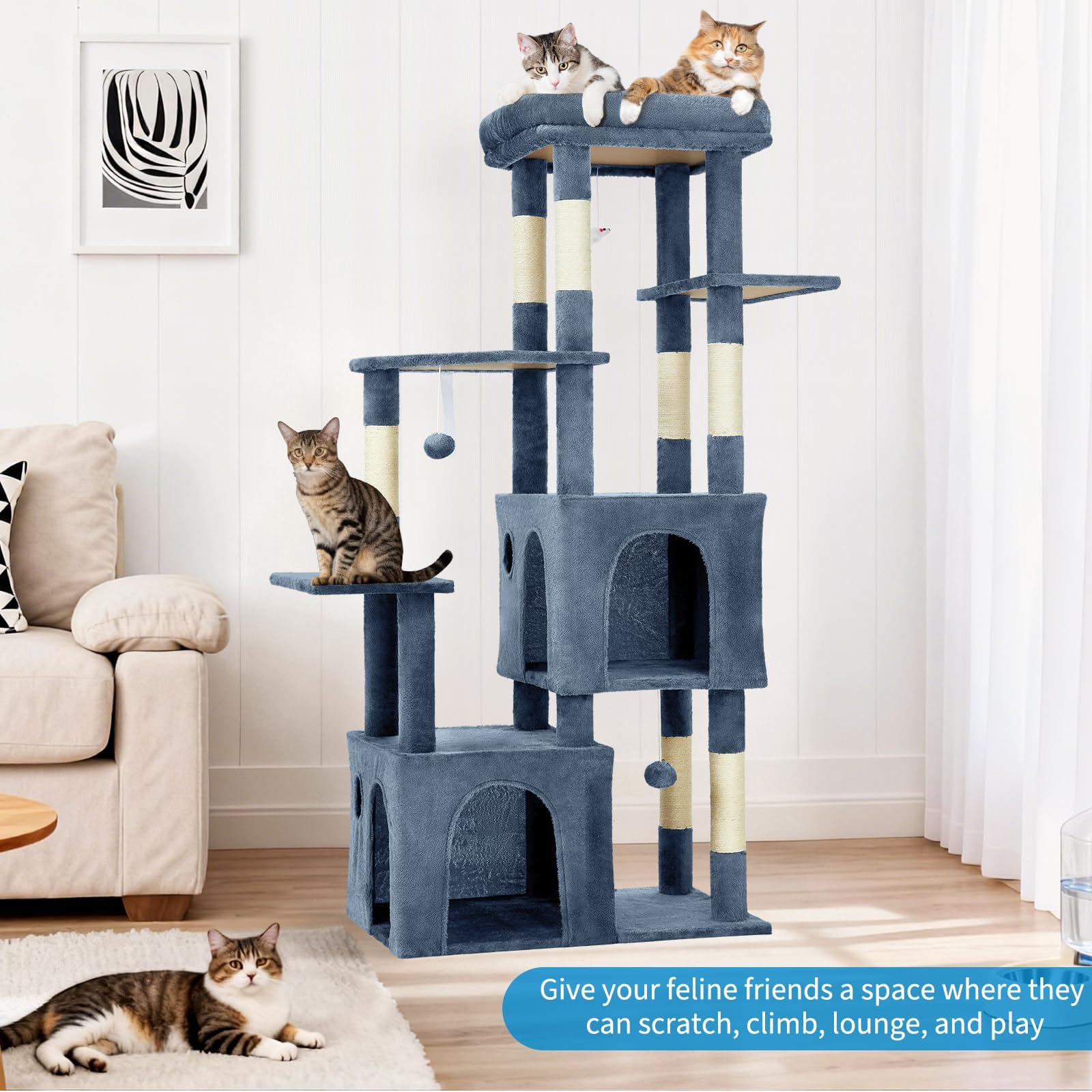 Garvee 61" Multi-Level Cat Tree for Indoor Cats, Heavy-Duty Tower for Large Adult & Maine Coon Cats with Oversized Perch, Dual Condos, Natural Sisal Scratching Posts & Play Toys – Light Blue