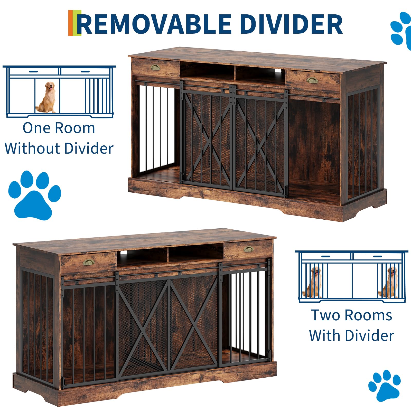 Garvee Heavy Duty Double Dog Crate Furniture for 2 Large or Medium Dogs – Wooden Kennel, Removable Divider, Lockable Sliding Doors, Drawers & Open Shelves, Indoor Pet Cage TV Stand – 63 Inches