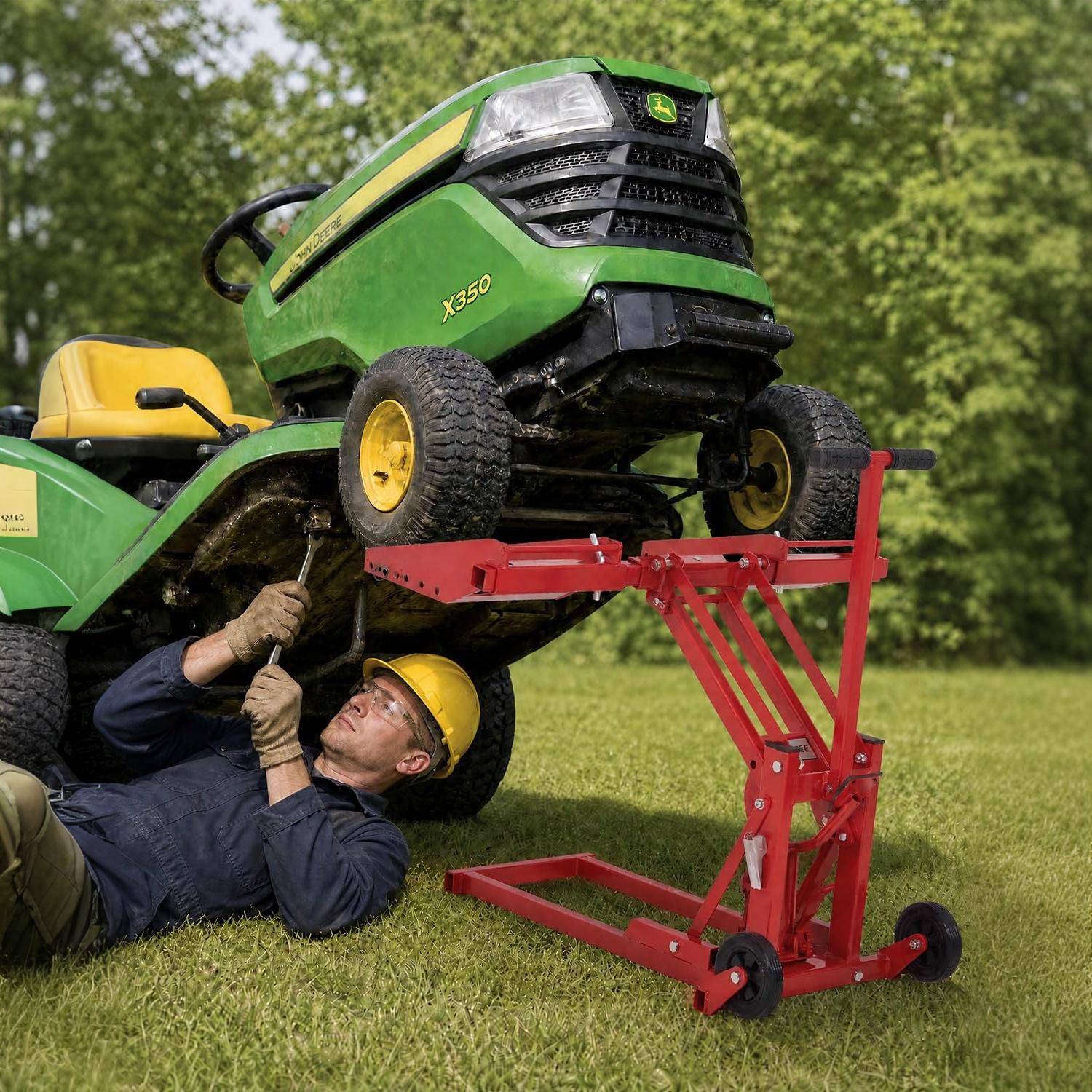 Garvee 550 lbs Heavy Duty Hydraulic Lawn Mower Lift Jack for Zero Turn & Riding Mowers, Adjustable Wheelbase 15.7"-33.8" W & Height 15"-29", Foldable Tractor Repair Hoist with 1m Straps, Red