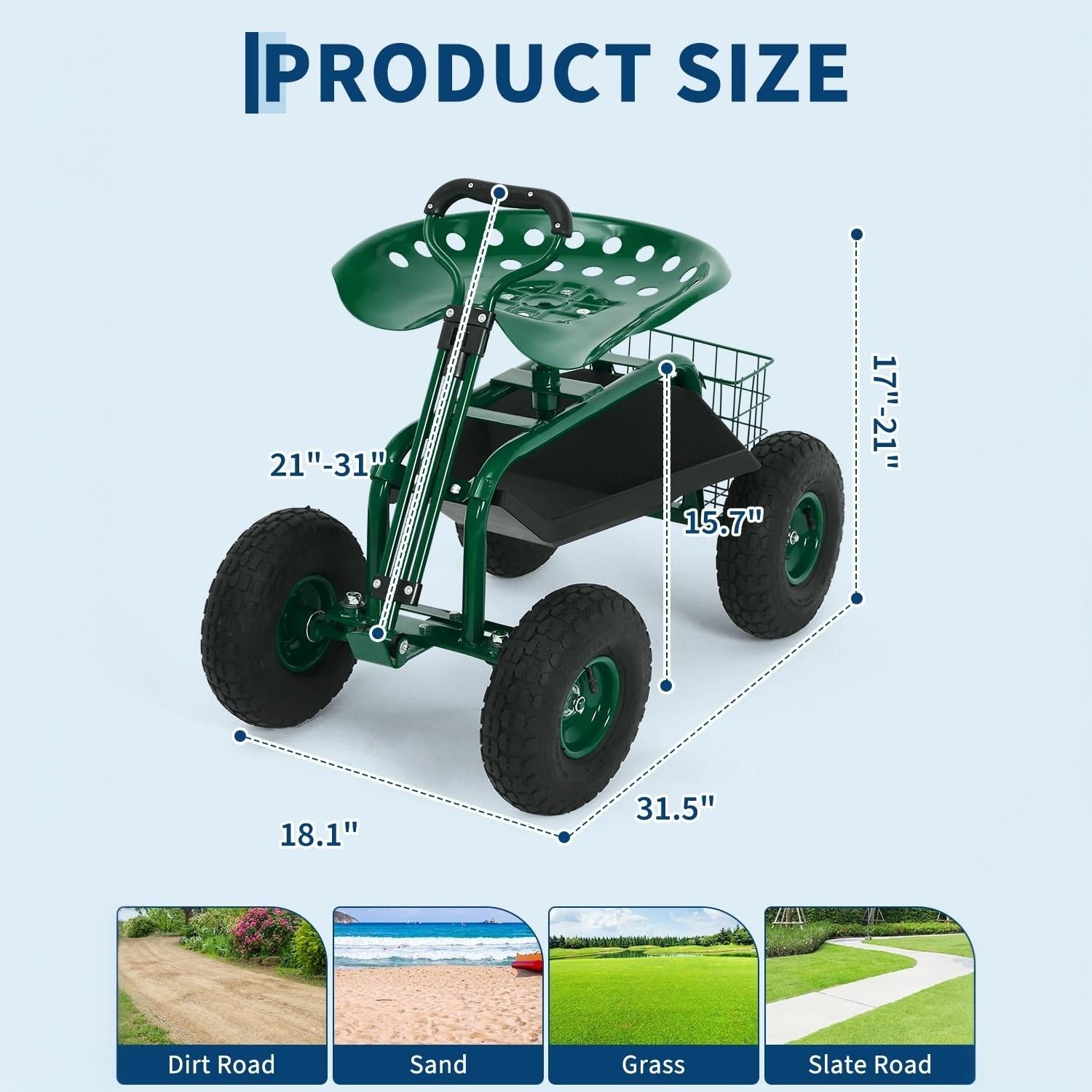 Garvee Green Rolling Garden Work Seat with Wheels, 360° Swivel Gardening Cart with Extendable Steering Handle, Tool Tray, Storage Basket & 10" Inflatable Tires, 400 lb Capacity Garden Scooter for Yard, Patio & Outdoor Use