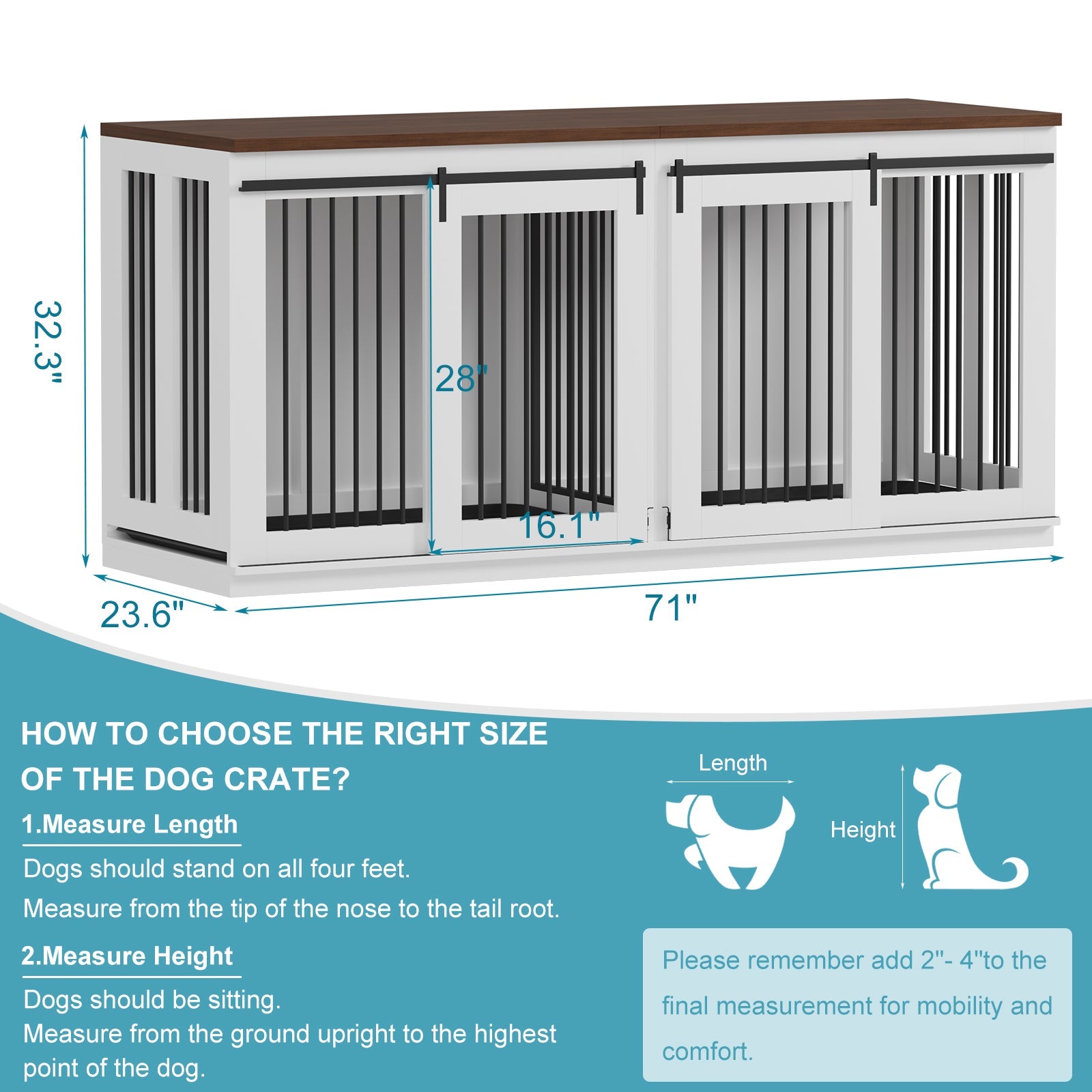 Garvee Heavy Duty Double Dog Crate Furniture for Large and Medium Breeds – Wooden Indoor Kennel with Sliding Barn Doors, Removable Divider, 2 Trays, Modern End Table Design – Color: White