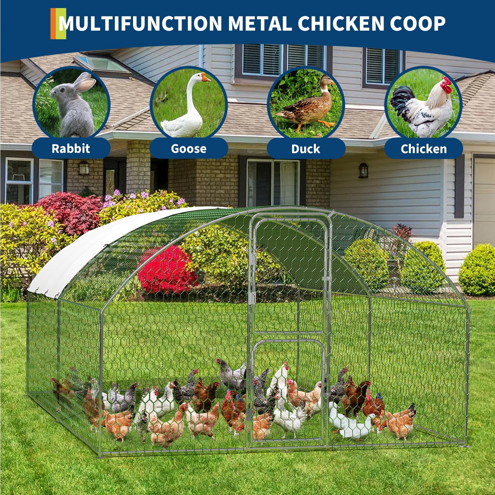 Garvee Heavy Duty Large Metal Chicken Coop - Walk-In Poultry Cage with Dome Roof, Secure Lock, Double Doors, Waterproof & UV-Resistant Cover - Outdoor Hen House, Size: 9.8' W x 13.1' D x 6.6' H