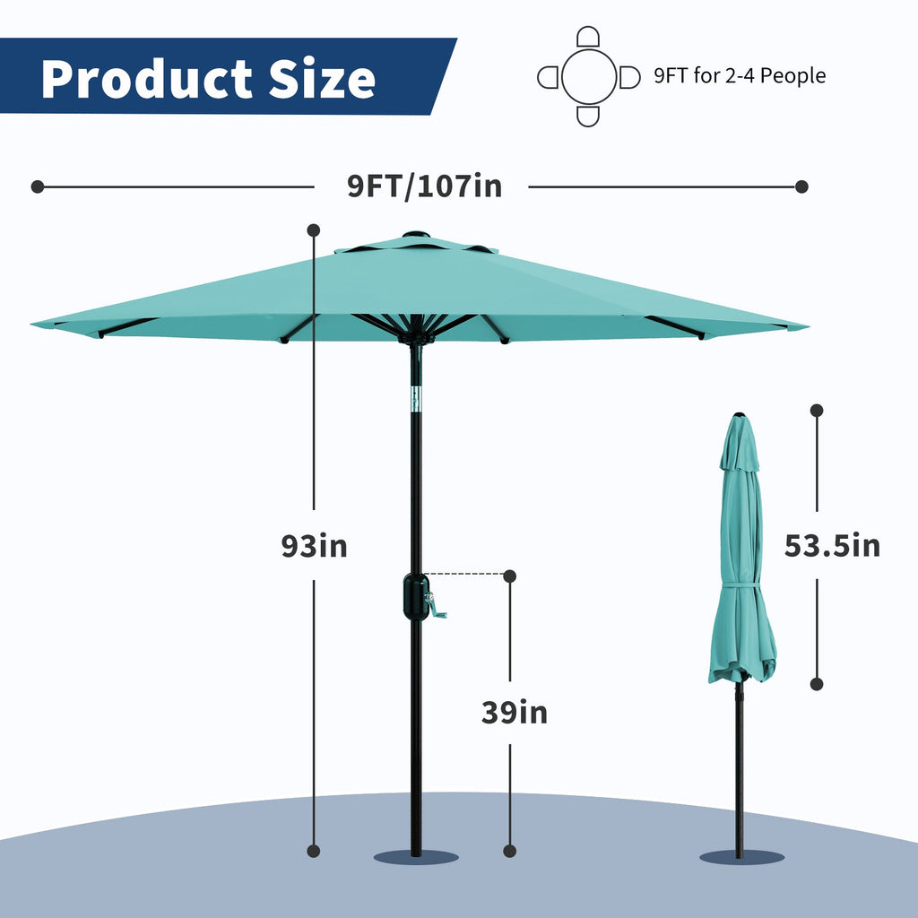 Garvee 9 ft Outdoor Patio Umbrella with 8 Sturdy Ribs, Crank Lift, Push-Button Tilt & UV-Resistant Waterproof Canopy for Pool, Deck, Yard & Garden, Lake Blue