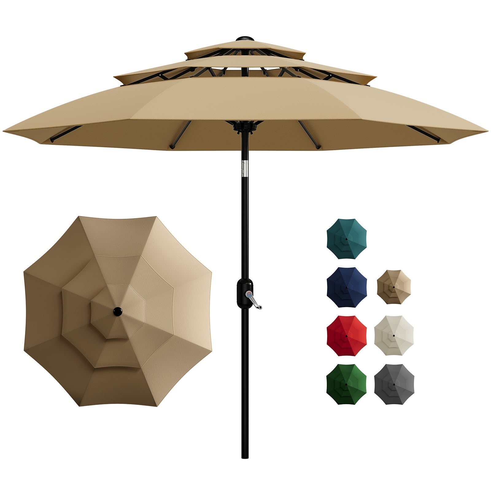 Garvee 10' Outdoor Patio Umbrella, 3-Tier Vented Canopy with Crank Tilt, 8 Ribs, Tan