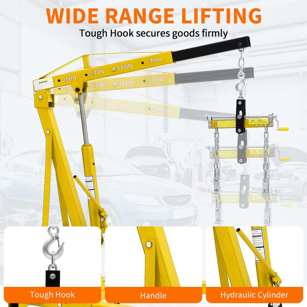 Garvee Heavy Duty 2 Ton Folding Hydraulic Engine Hoist - 4400 lbs Capacity Cherry Picker Crane with Load Leveler - 6 Swivel Wheels - Adjustable Boom (0.5T-2T) for Garage, Workshop, Warehouse - Yellow with leveler