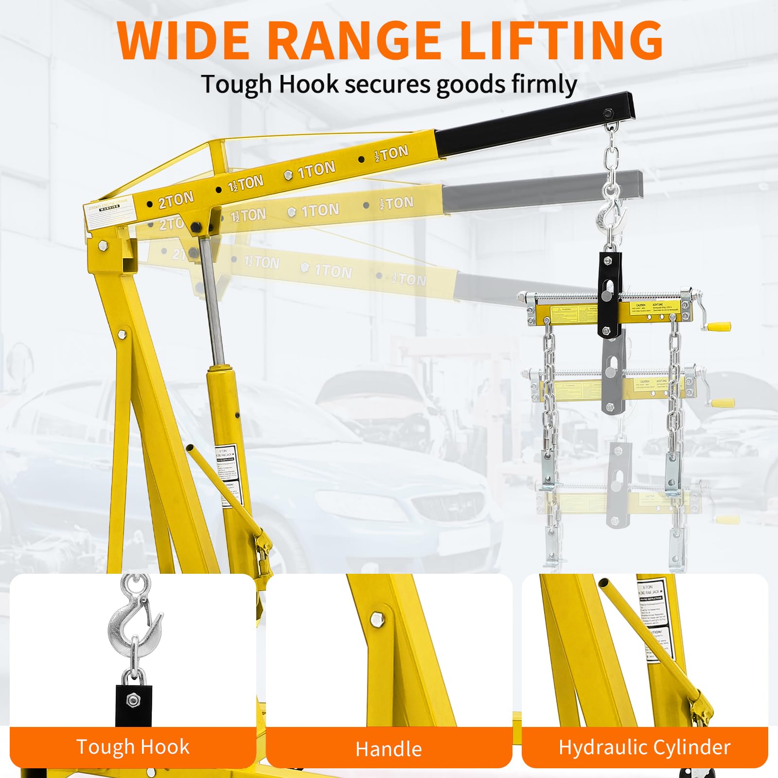 Garvee Heavy Duty 2 Ton Folding Hydraulic Engine Hoist - 4400 lbs Capacity Cherry Picker Crane with Load Leveler - 6 Swivel Wheels - Adjustable Boom (0.5T-2T) for Garage, Workshop, Warehouse - Yellow with leveler