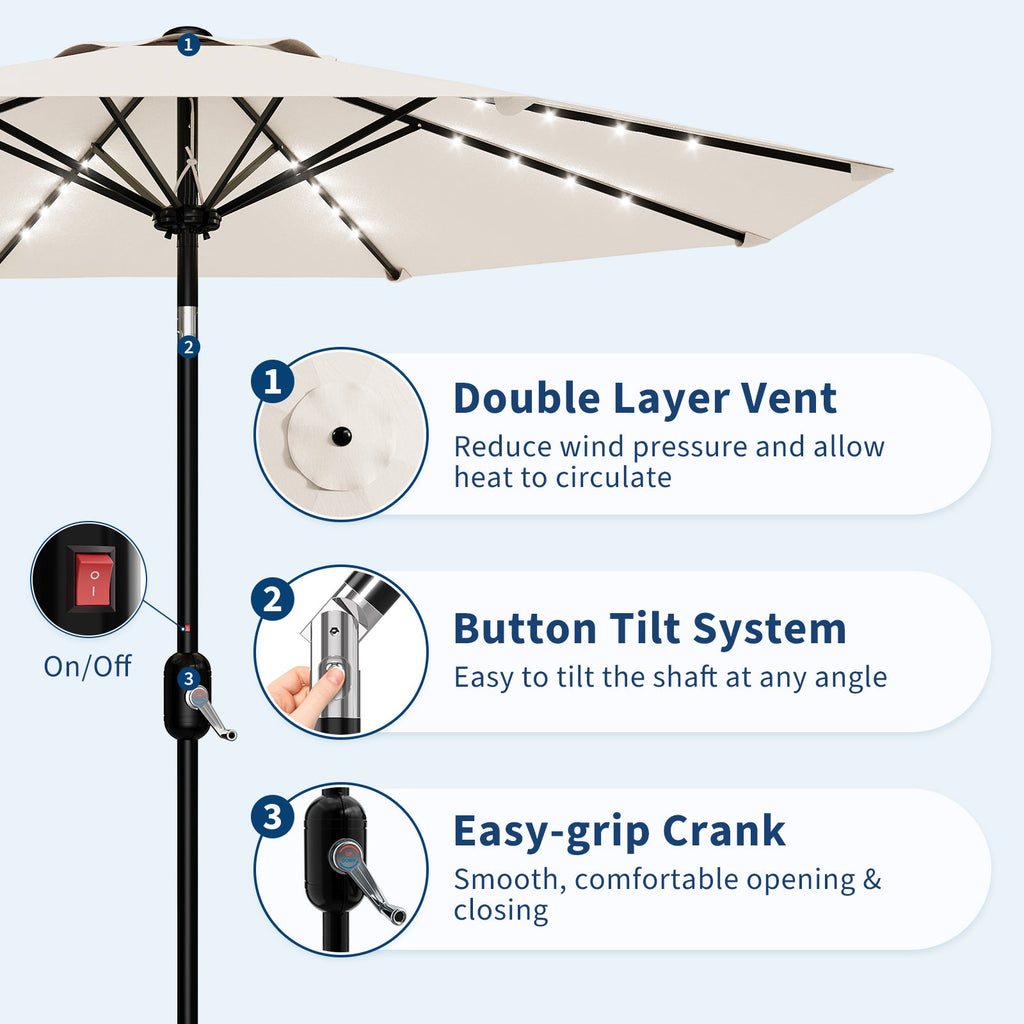 Garvee 9FT Solar LED Patio Umbrella with 32 Lights, Tilt & Crank Outdoor Market Umbrella, UV & Water Resistant, 8 Ribs Sunshade for Garden, Deck, Pool & Table, Beige