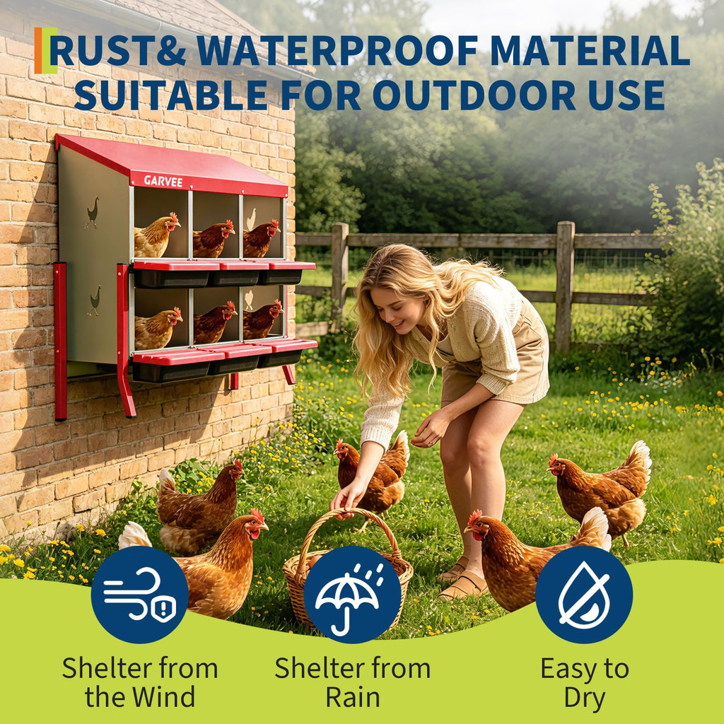 Garvee 6 Compartment Metal Chicken Nesting Box – Soft Cushion, Easy-Clean, Roll Away Egg Collection, Ventilated Design for Outdoor Chicken Coop, Rabbit, Duck – Red with Chicken Design – Size: 6 Compartments, Color: Red (Side Chicken Design)