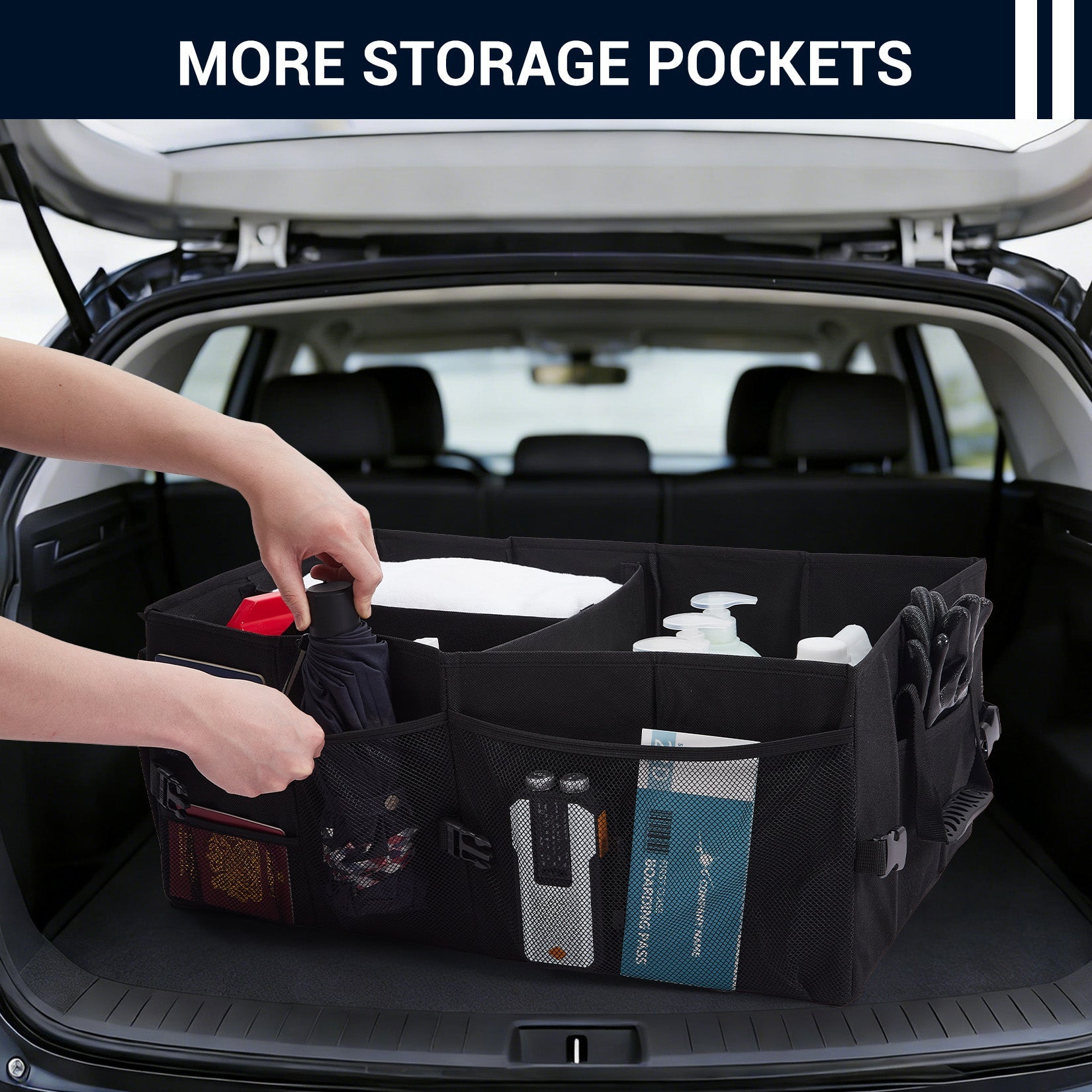 Garvee Large Capacity Collapsible Car Trunk Organizer - Durable Black Polyester Storage Bag - Keeps Car, SUV, Van Accessories Neat - Collapsible & Portable - Black 60.96*38.1*25.4cm
