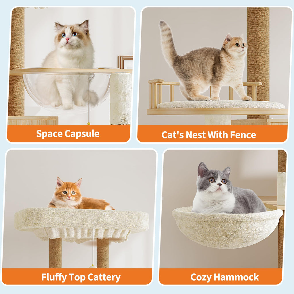 Garvee Multi-Level Cat Tree with Litter Box Enclosure – Hidden Litter Box, Soft Perch, Sisal Scratching Posts, Condo & Hammock for Large Indoor Cats – Modern Cat Tower Furniture – Natural Wood Color
