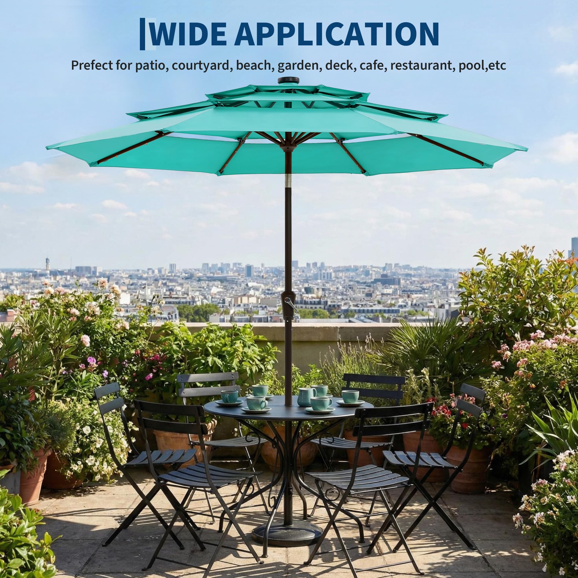 Garvee All-Weather 10ft 3-Tier Patio Umbrella with 24 LED Solar Lights – Vented Top, Easy Crank Tilt, 8 Reinforced Ribs, Outdoor Market Sunshade for Deck, Pool, or Garden – Turquoise Blue