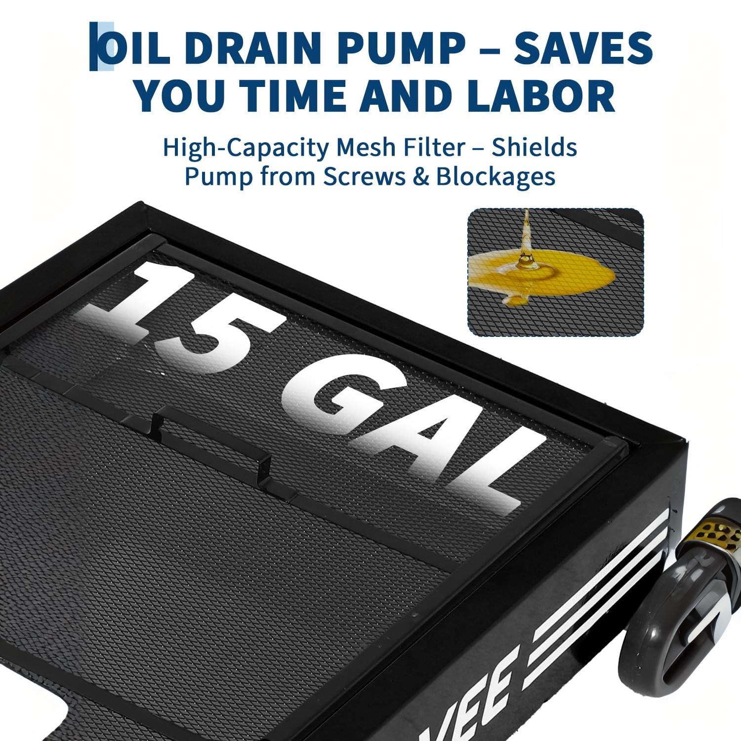 Garvee Heavy Duty Manual Oil Drain Pan Cart – 15 Gallon Low Profile Steel Reservoir, 8 Ft Hose, Folding Handle, Ideal for Trucks and Vehicles – Waistline Version | Black | Manual | 15 Gallons | 8 Feet Hose