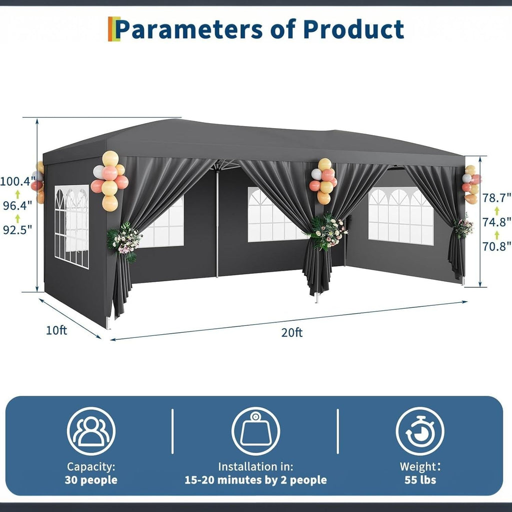 Garvee 10x20 ft Pop Up Canopy Tent, Heavy Duty Steel Frame Outdoor Shelter with 6 Removable Sidewalls, 3 Heights, UPF 50+ Waterproof 210D Oxford Cover, Dark Gray