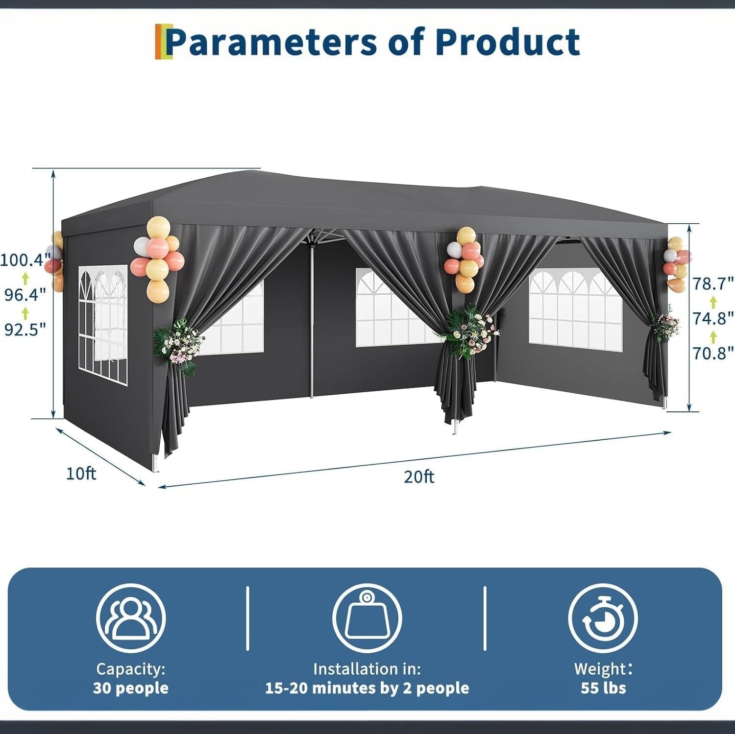 Garvee 10x20 ft Pop Up Canopy Tent, Heavy Duty Steel Frame Outdoor Shelter with 6 Removable Sidewalls, 3 Heights, UPF 50+ Waterproof 210D Oxford Cover, Dark Gray