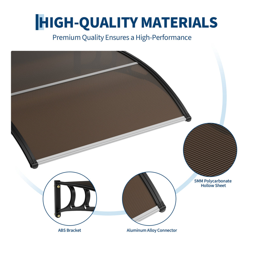 Garvee 40" x 40" Polycarbonate Door & Window Awning Canopy, UV & Rain Protection Outdoor Cover with Plastic Steel Brackets, Brown