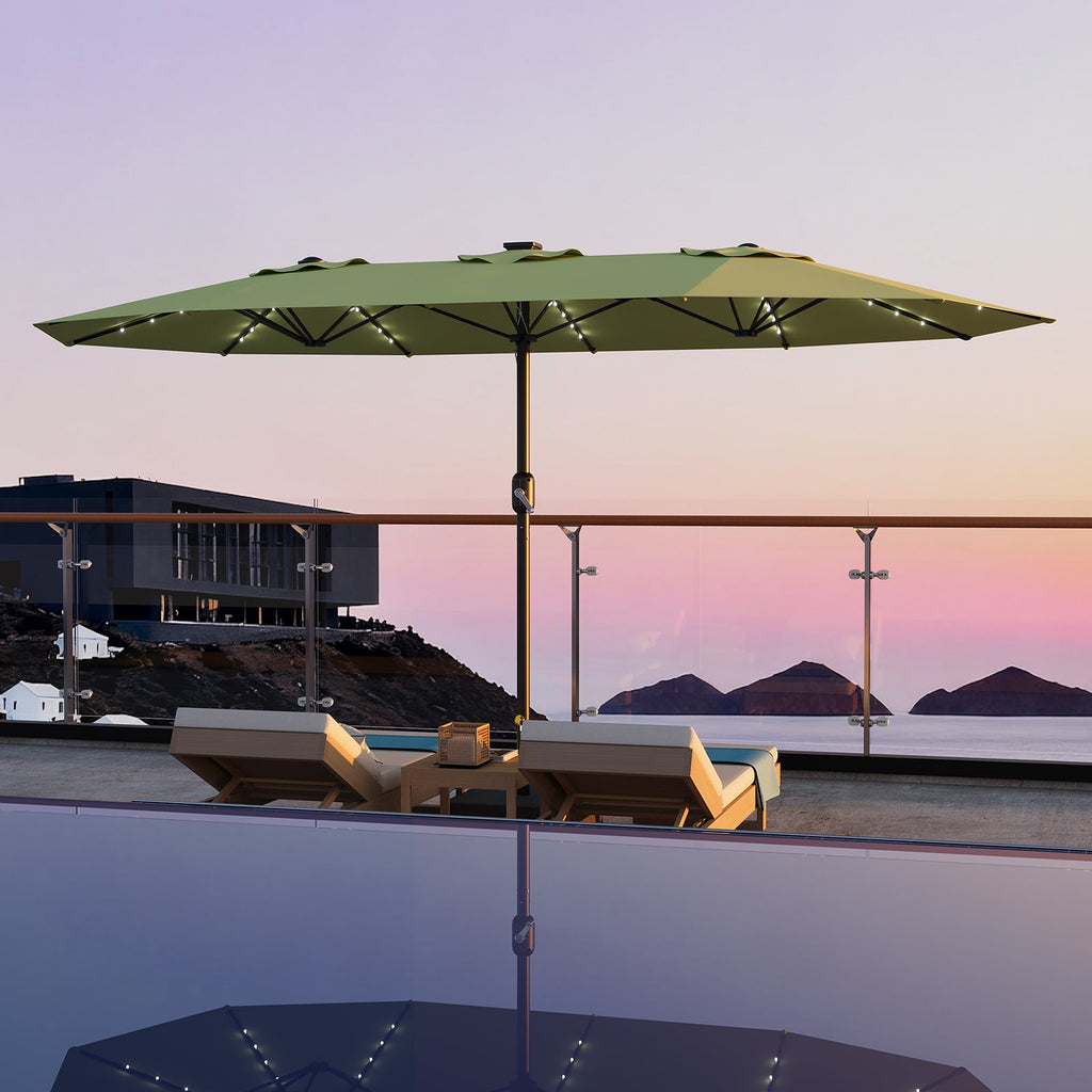 Garvee 15' Rectangular Patio Umbrella with Solar LED Lights & Base, Crank Handle UV-Resistant Outdoor Market Umbrella for Backyard, Pool & Patio, Green