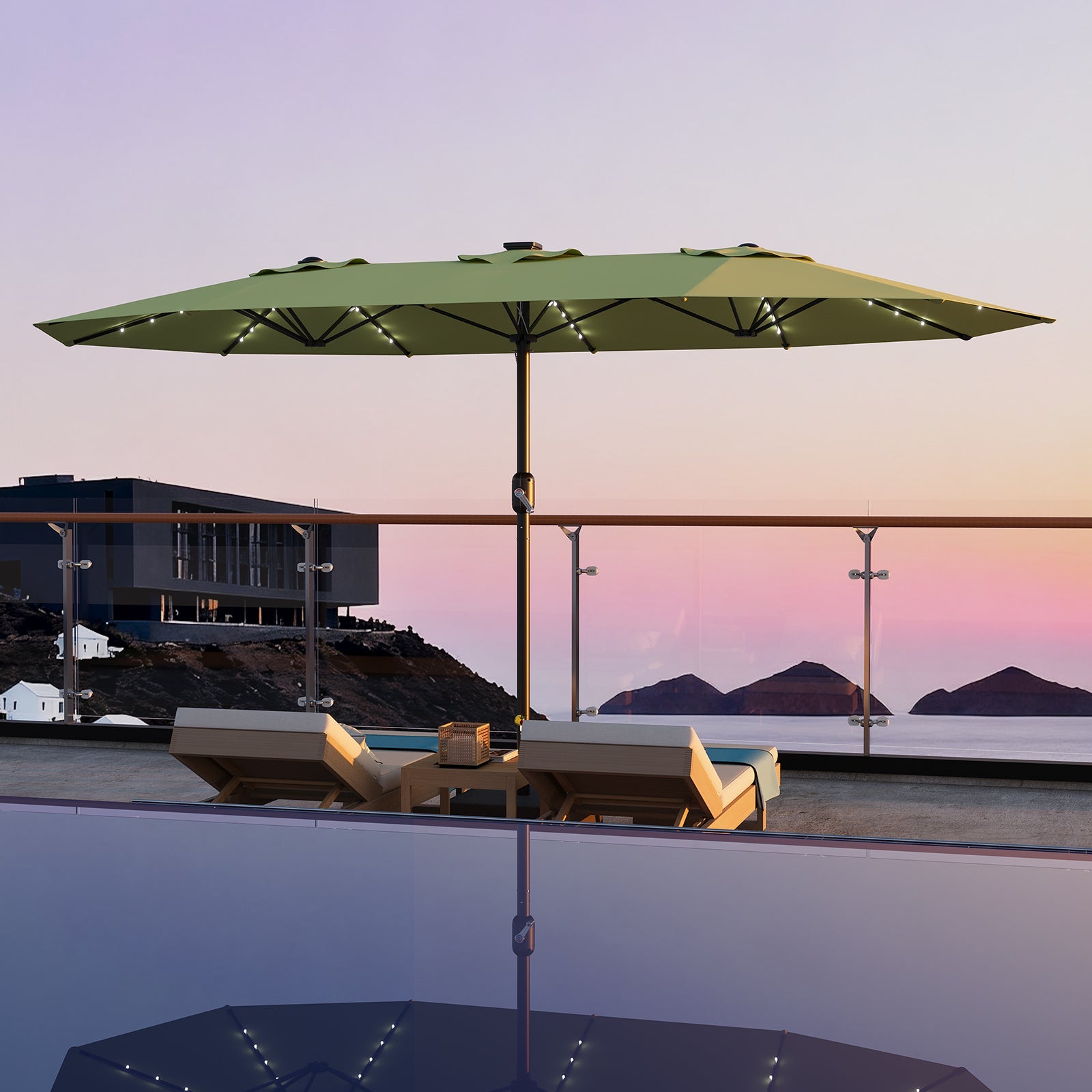 Garvee 15' Rectangular Patio Umbrella with Solar LED Lights & Base, Crank Handle UV-Resistant Outdoor Market Umbrella for Backyard, Pool & Patio, Green
