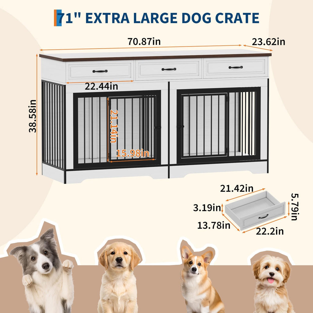 Garvee 71" Dog Crate Furniture for 2 Dogs, Heavy Duty Double Dog Kennel with 3 Drawers, Extra Large Furniture Style Indoor Dog Crate Table TV Stand  for Medium/Large Dogs, White&Walnut